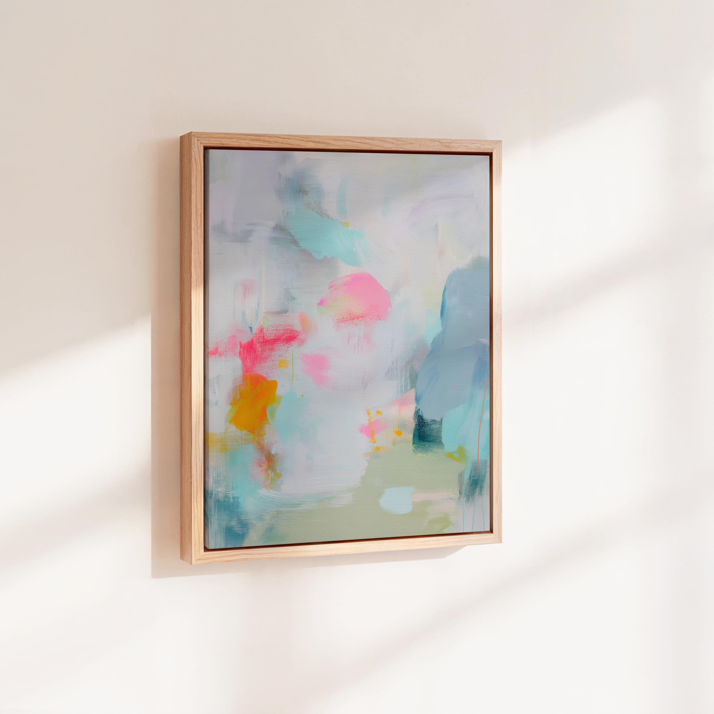 Misty Garden No. 1063 by Muse Studio & Co. pastel abstract canvas wall art in blush pink, teal, soft yellow and airy neutrals, printed with museum-grade giclée inks on premium gallery-wrapped canvas, styled above a linen bed in a serene contemporary bedroom