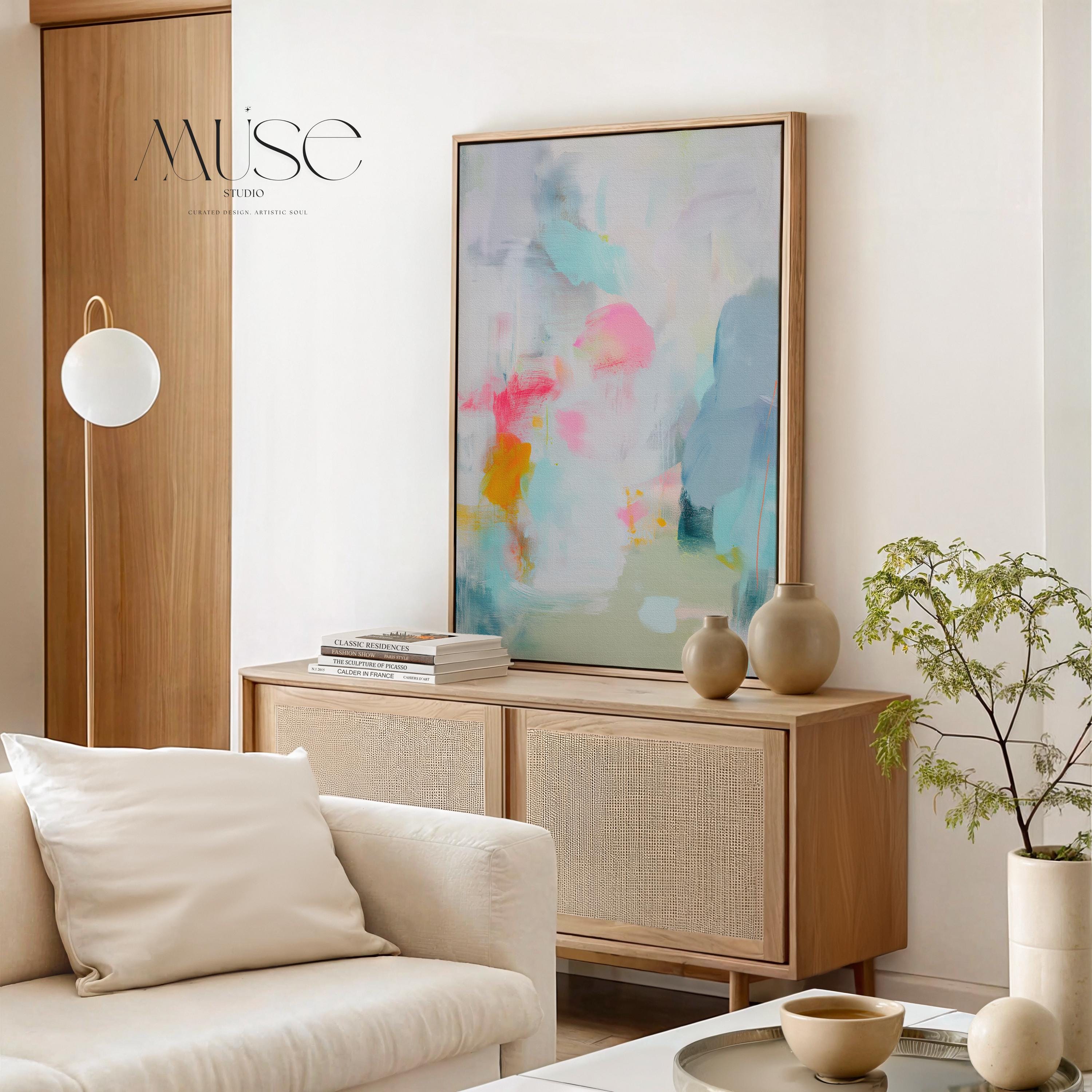 Misty Garden No. 1063 by Muse Studio & Co. pastel abstract canvas wall art in blush pink, teal, soft yellow and airy neutrals, printed with museum-grade giclée inks on premium gallery-wrapped canvas, styled above a linen bed in a serene contemporary bedroom