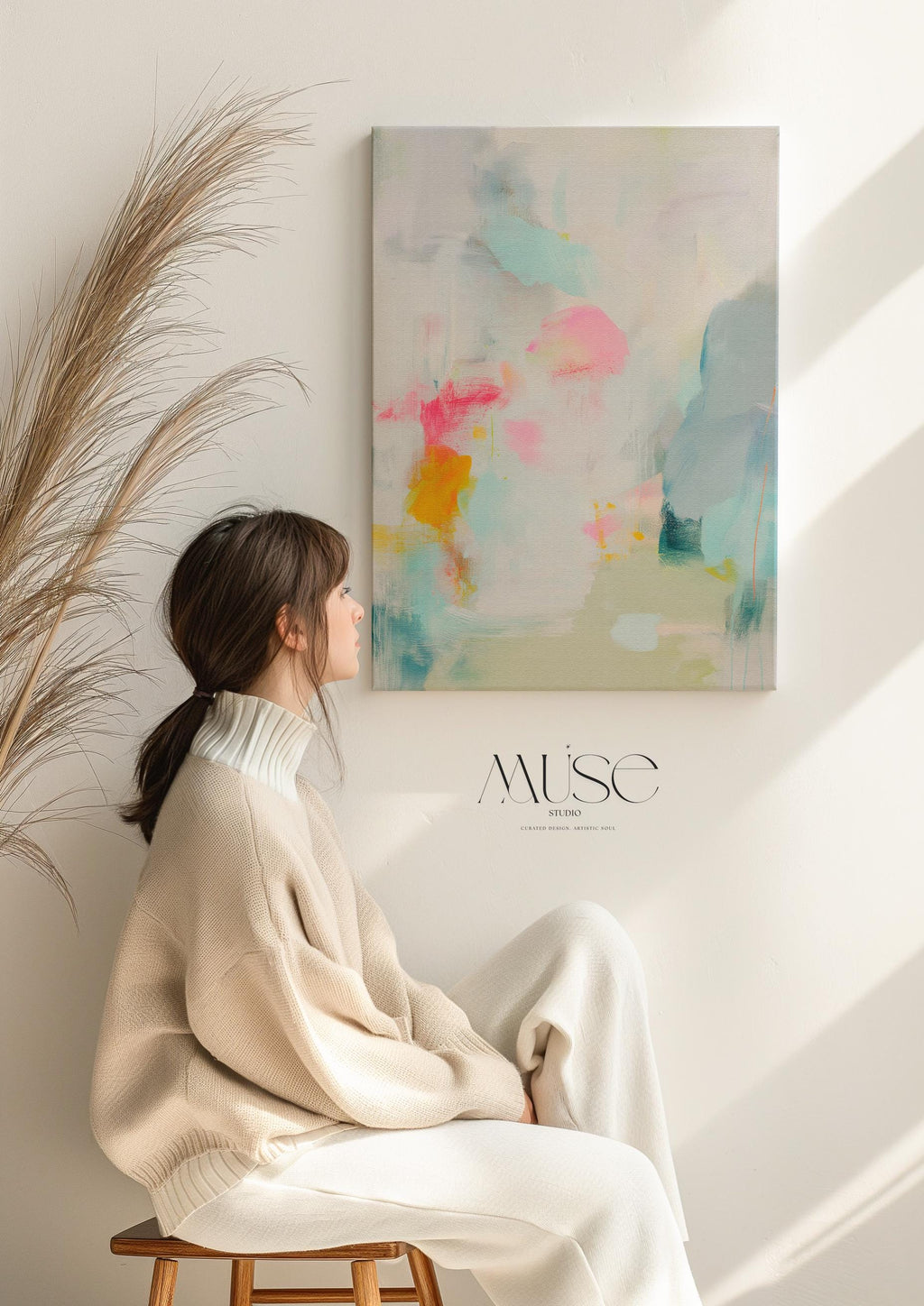 Abstract Canvas Wall Art, Blush Pink Teal Painting for Bedroom · Misty Garden No. 1063