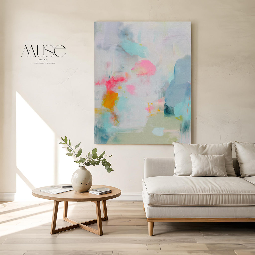 Abstract Canvas Wall Art, Blush Pink Teal Painting for Bedroom · Misty Garden No. 1063