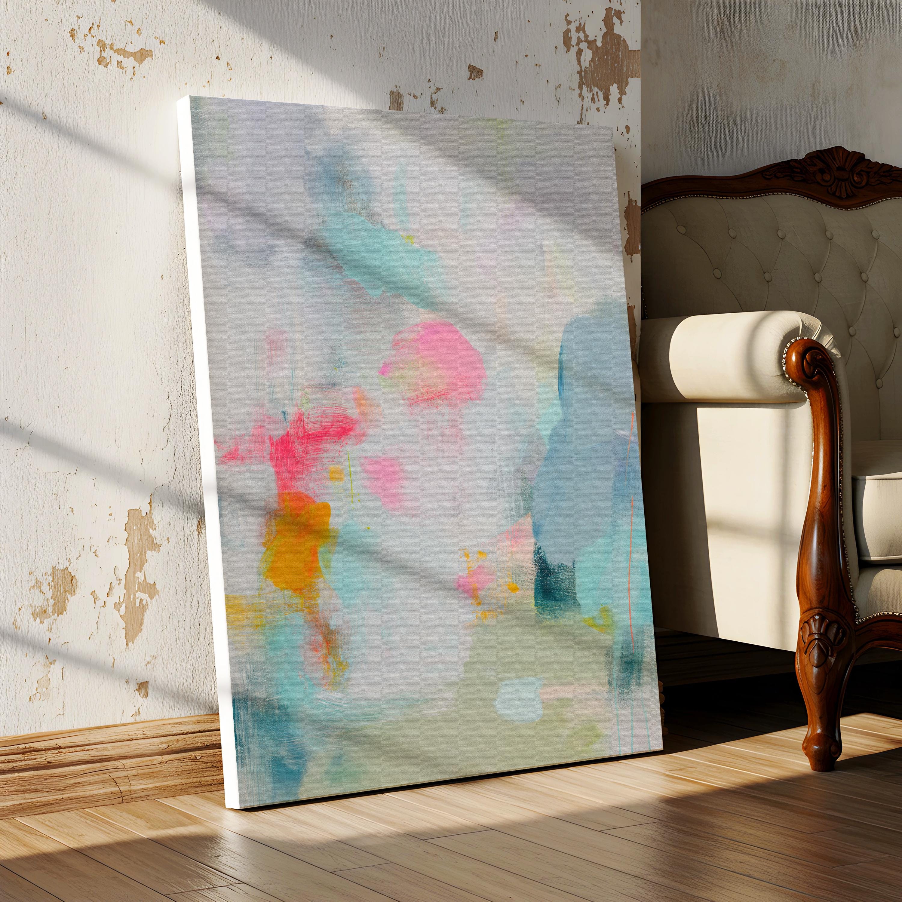 Misty Garden No. 1063 by Muse Studio & Co. pastel abstract canvas wall art in blush pink, teal, soft yellow and neutral tones, printed with museum-grade giclée inks on premium gallery-wrapped canvas, styled above a bed in a serene contemporary bedroom