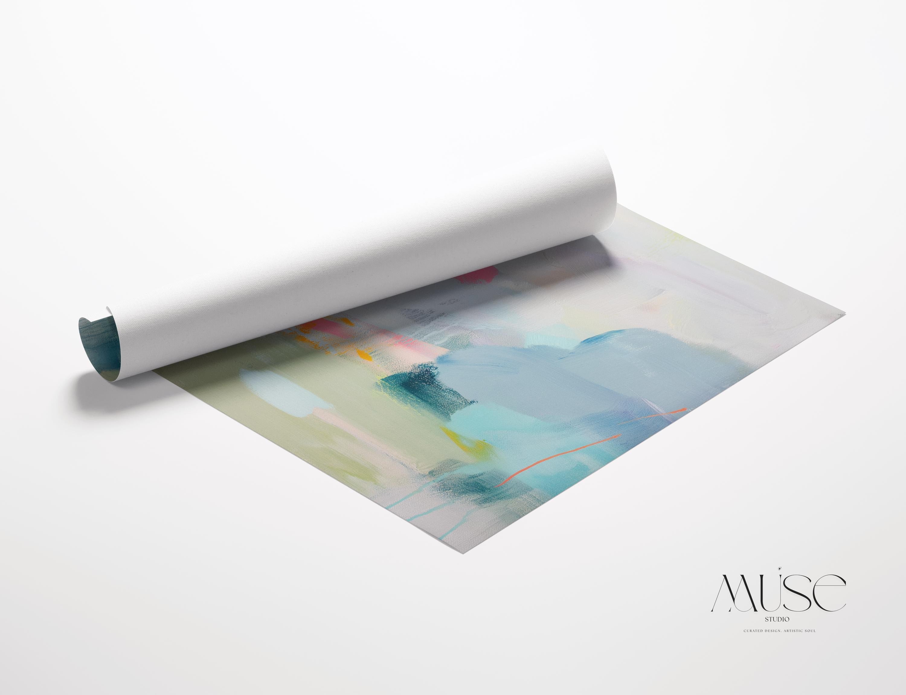 Misty Garden No. 1063 by Muse Studio & Co. pastel abstract canvas wall art in blush pink, teal, soft yellow and neutral tones, printed with museum-grade giclée inks on premium gallery-wrapped canvas, styled above a bed in a serene contemporary bedroom