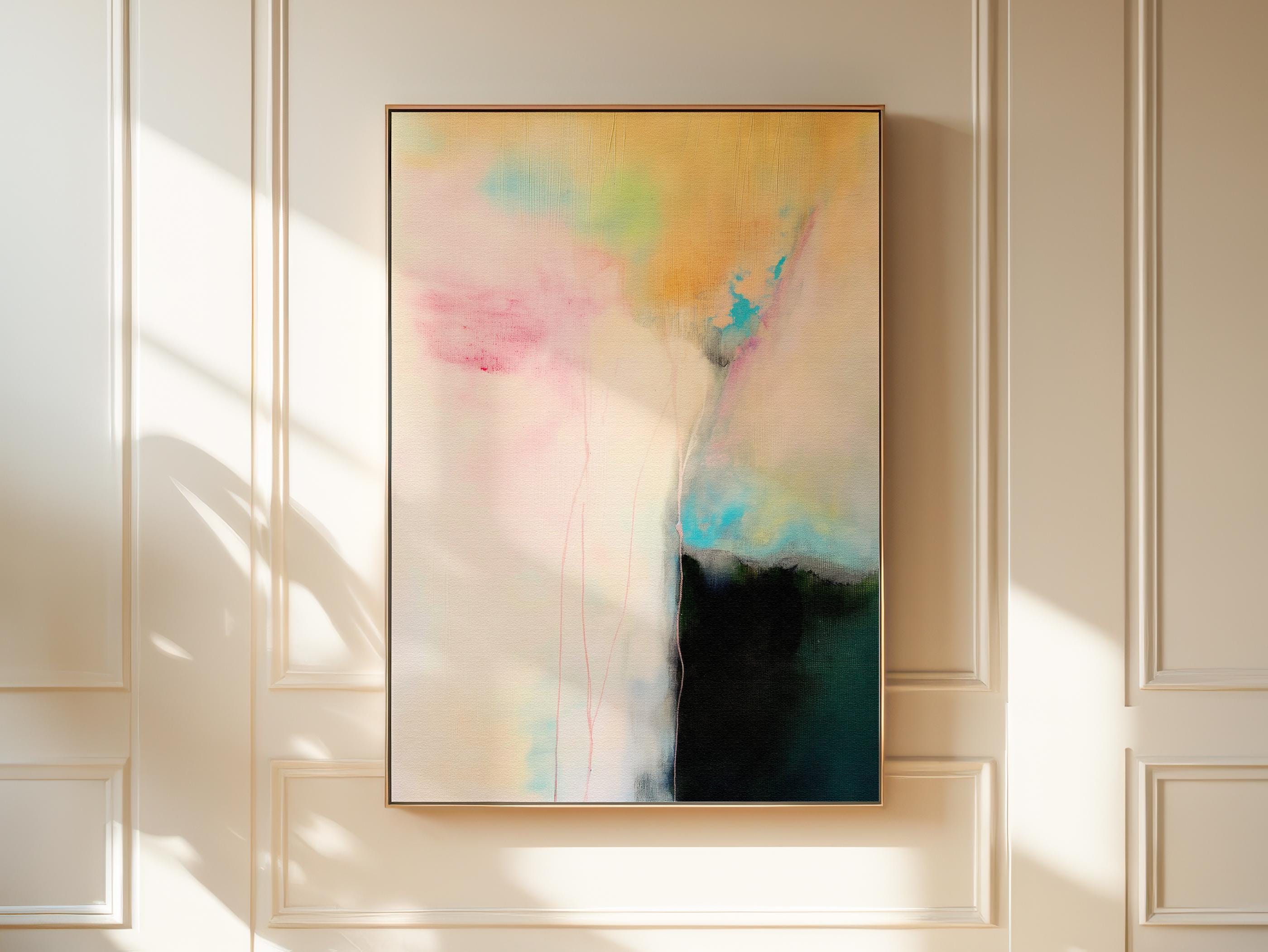 Vertical pastel abstract canvas wall art in blush pink, aqua blue, and warm gold tones, soft contemporary painting for bedroom or living room decor, Muse Studio Summer Sonata 1065, museum-grade giclée print on premium artist canvas