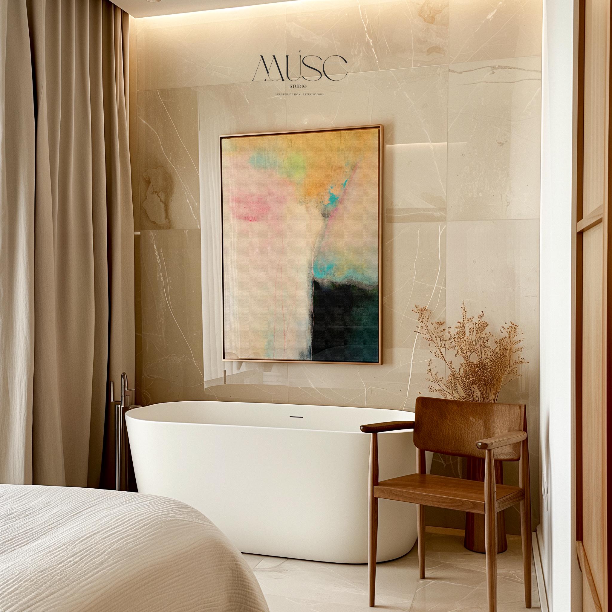Vertical pastel abstract canvas wall art in blush pink, aqua blue, and warm gold tones, soft contemporary painting for bedroom or living room decor, Muse Studio Summer Sonata 1065, museum-grade giclée print on premium artist canvas