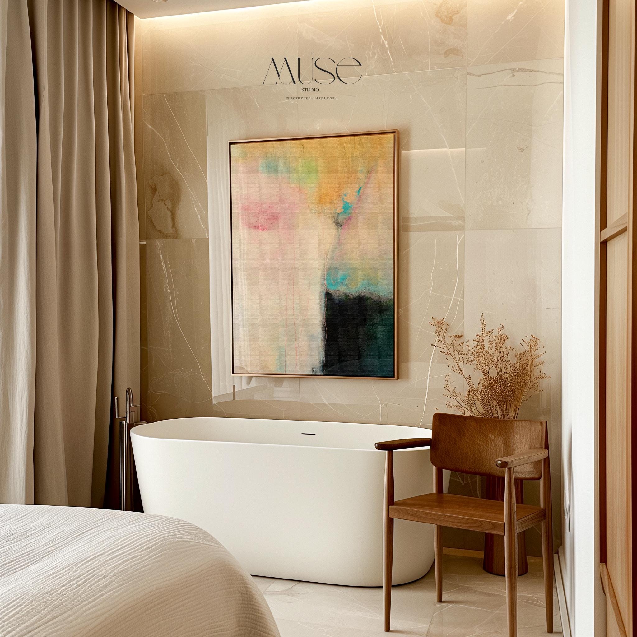 Vertical pastel abstract canvas wall art in blush pink, aqua blue, and warm gold tones, soft contemporary painting for bedroom or living room decor, Muse Studio Summer Sonata 1065, museum-grade giclée print on premium artist canvas