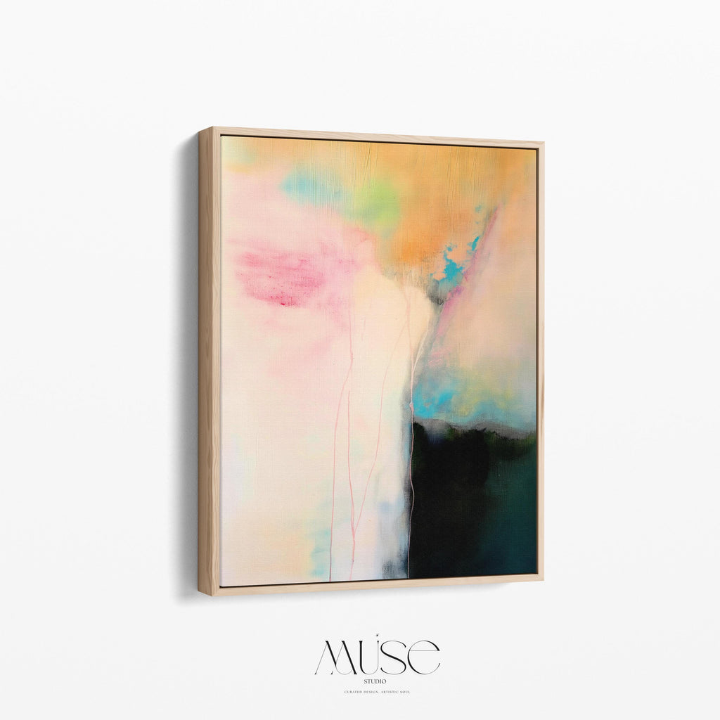 Vertical pastel abstract canvas wall art in blush pink, aqua blue, and warm gold tones, soft contemporary painting for bedroom or living room decor, Muse Studio Summer Sonata 1065, museum-grade giclée print on premium artist canvas