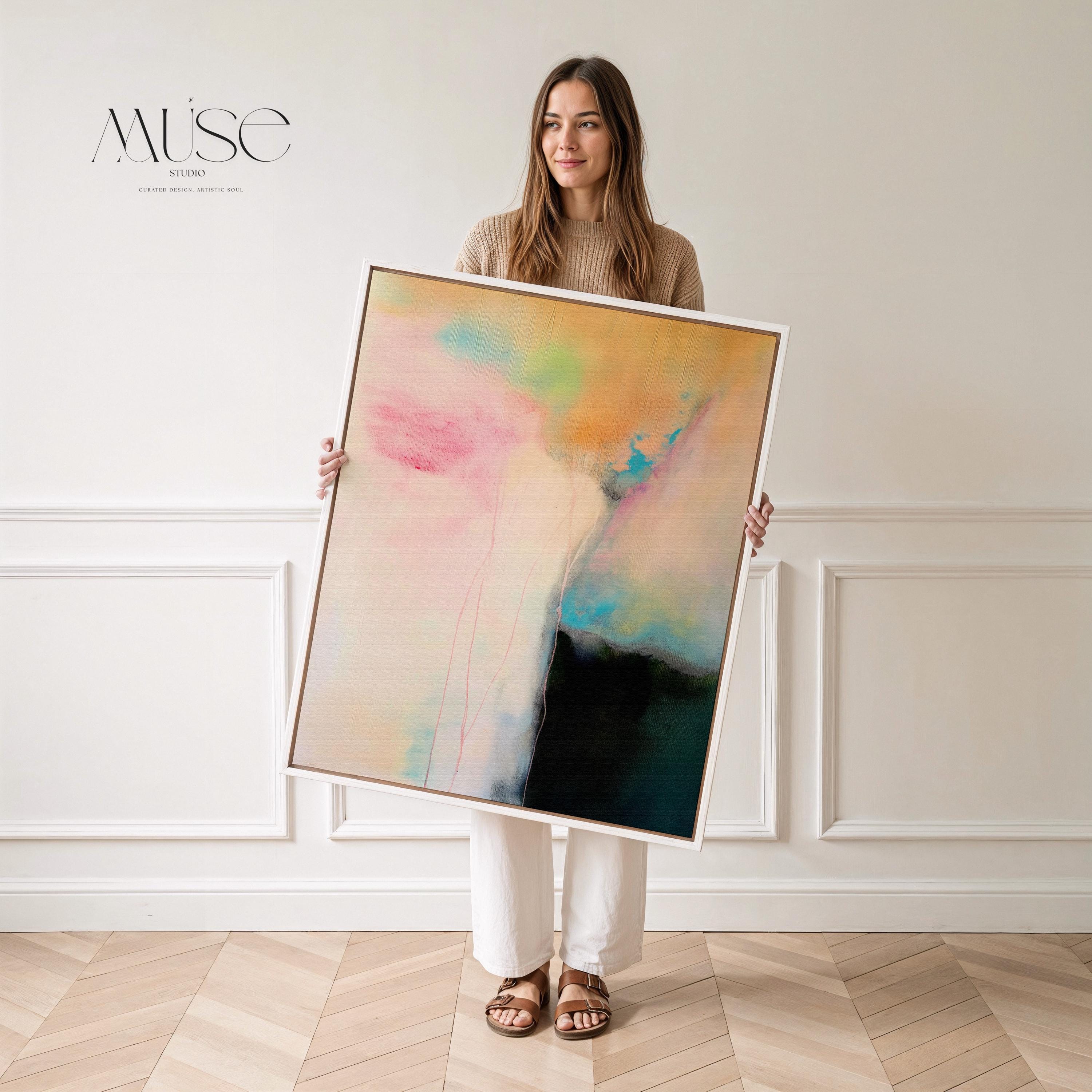 Vertical pastel abstract canvas wall art in blush pink, aqua blue, and warm gold tones, soft contemporary painting for bedroom or living room decor, Muse Studio Summer Sonata 1065, museum-grade giclée print on premium artist canvas
