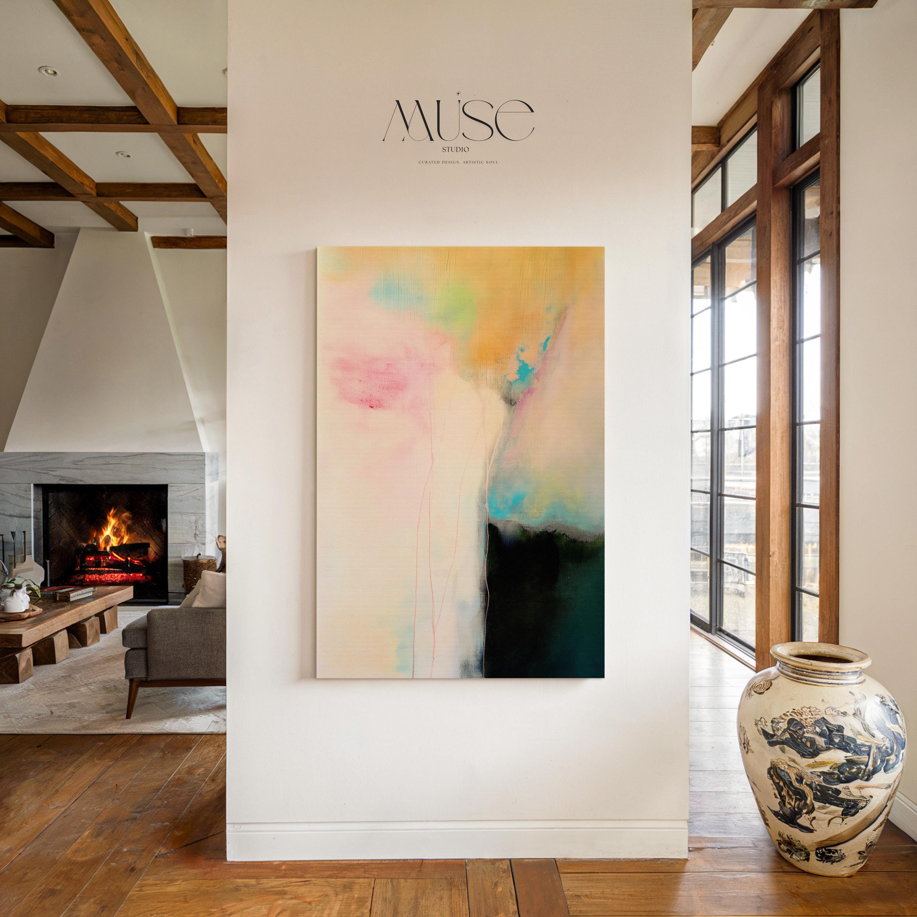 Vertical pastel abstract canvas wall art in blush pink, aqua blue, and warm gold tones, soft contemporary modern minimal artwork for bedroom or living room decor, Muse Studio Summer Sonata 1065, museum-grade giclée print on premium artist canvas
