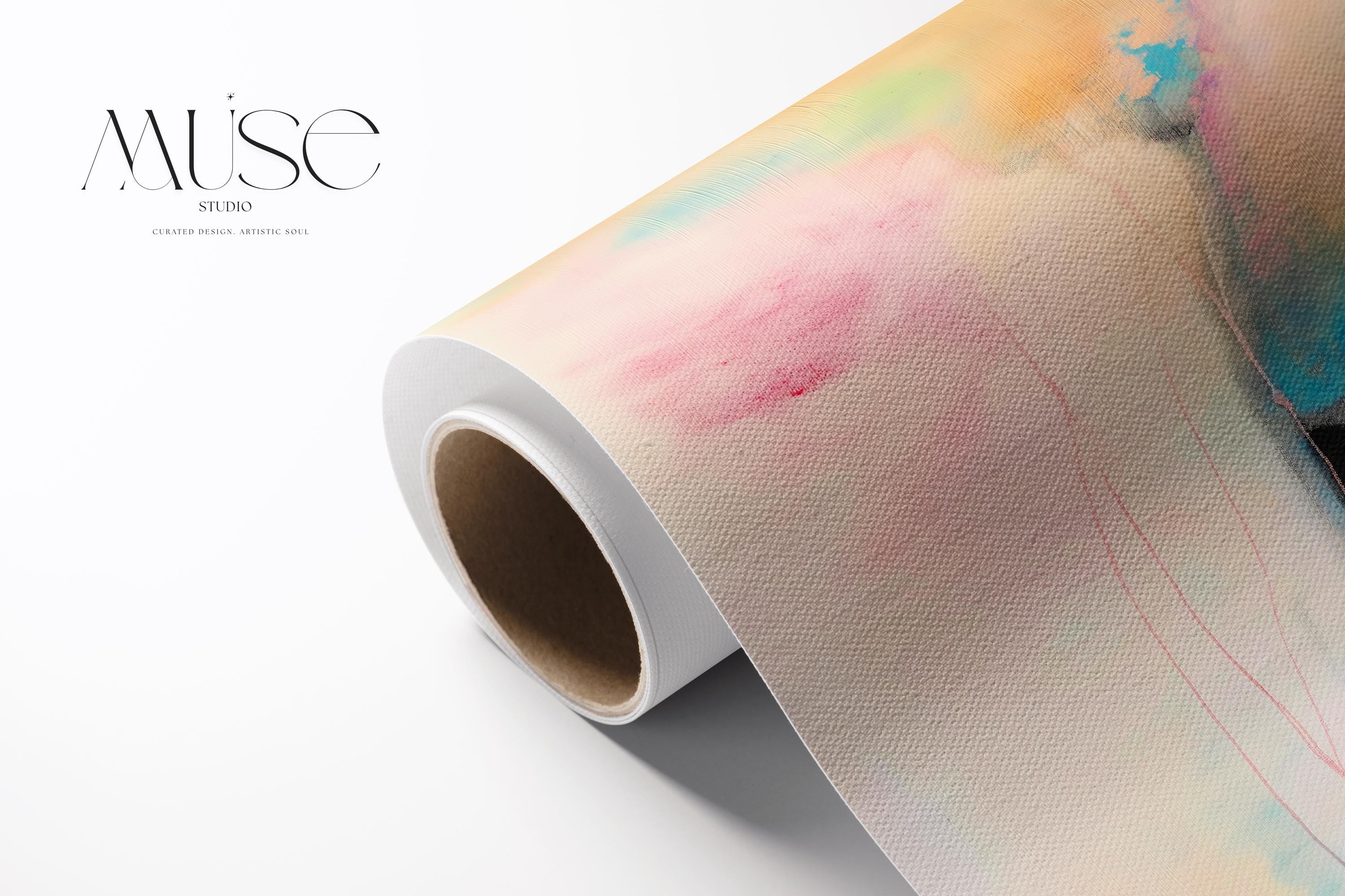 Vertical pastel abstract canvas wall art in blush pink, aqua blue, and warm gold tones, soft contemporary modern minimal artwork for bedroom or living room decor, Muse Studio Summer Sonata 1065, museum-grade giclée print on premium artist canvas