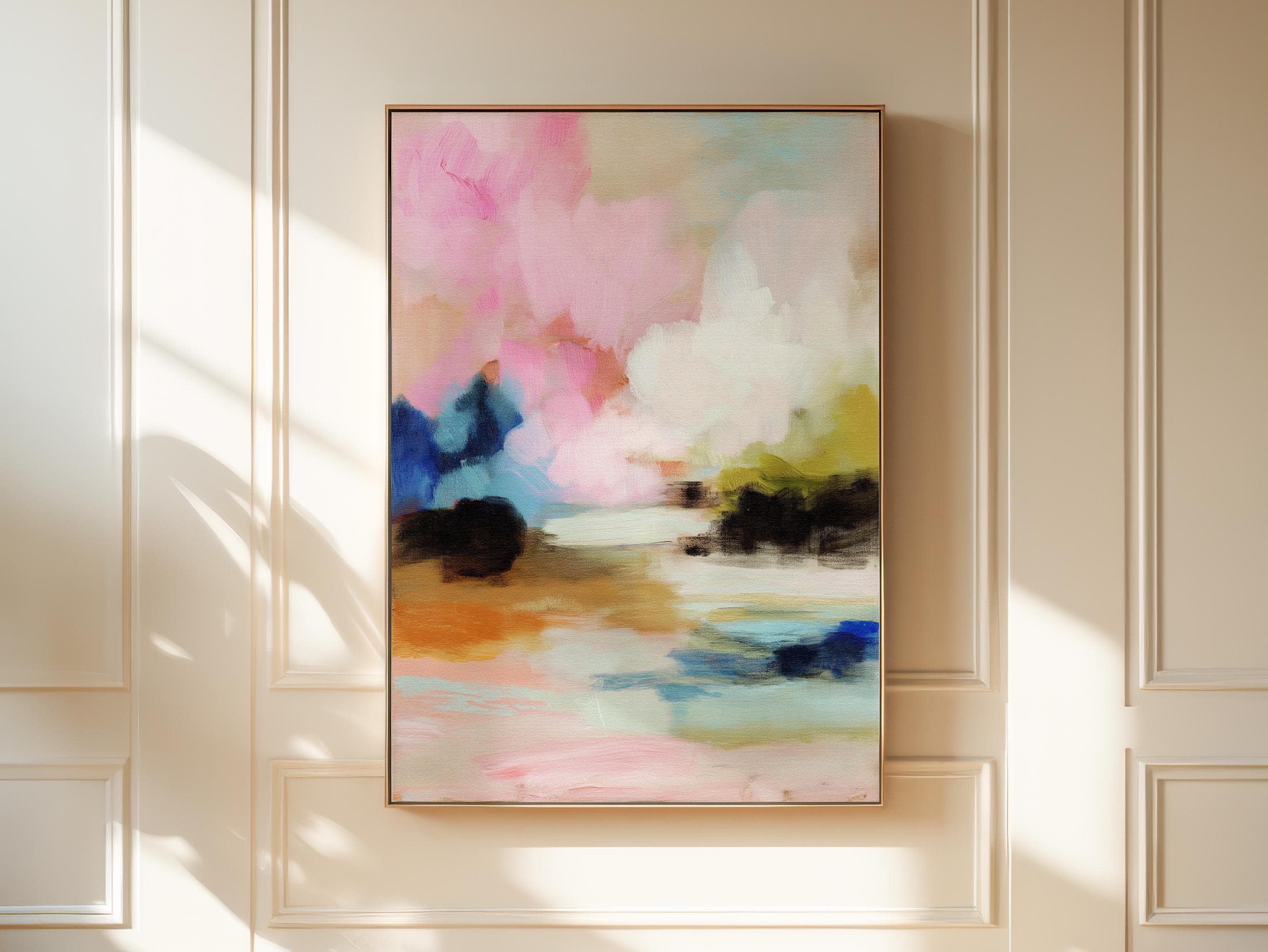 Lythe Daydream 1049 by Muse Studio framed floral abstract wall art inspired by spring gardens, blending blush pink, cream, teal, navy, and soft ochre tones. Printed with museum-grade giclée inks on premium artist canvas and set in a custom wood float frame, styled above a neutral linen bed in a Romantic Botanical bedroom.