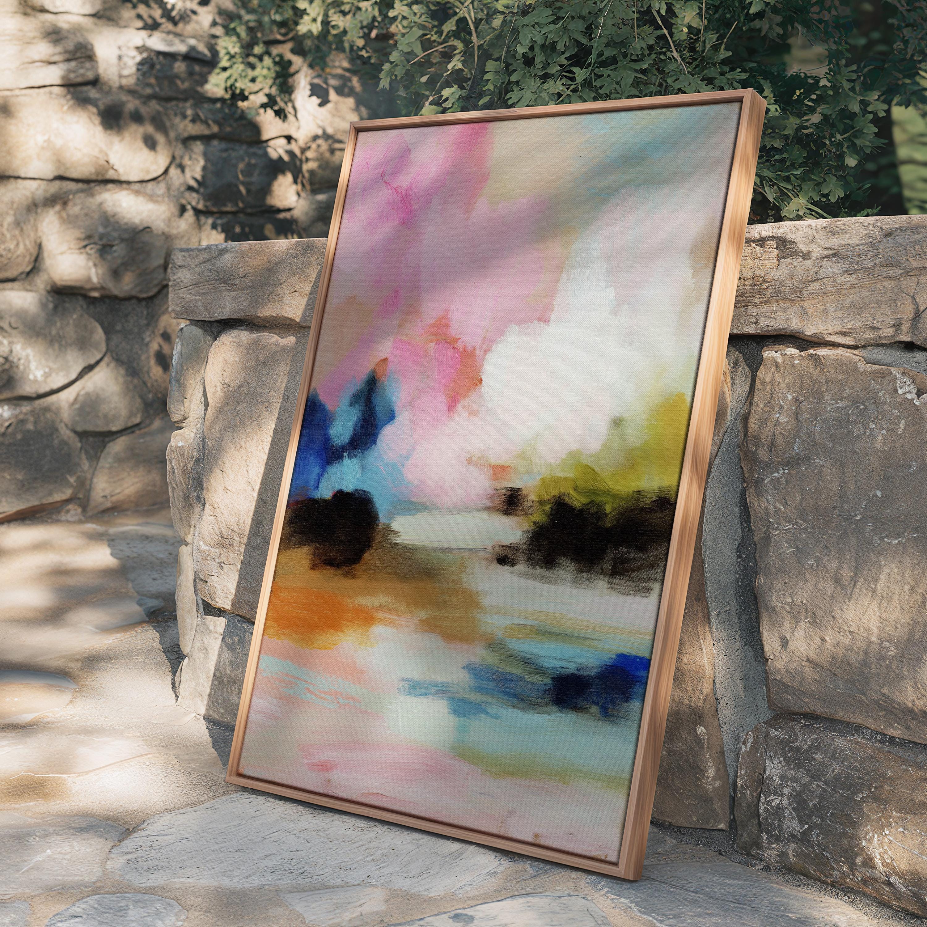 Lythe Daydream 1049 by Muse Studio framed floral abstract wall art inspired by spring gardens, blending blush pink, cream, teal, navy, and soft ochre tones. Printed with museum-grade giclée inks on premium artist canvas and set in a custom wood float frame, styled above a neutral linen bed in a Romantic Botanical bedroom.