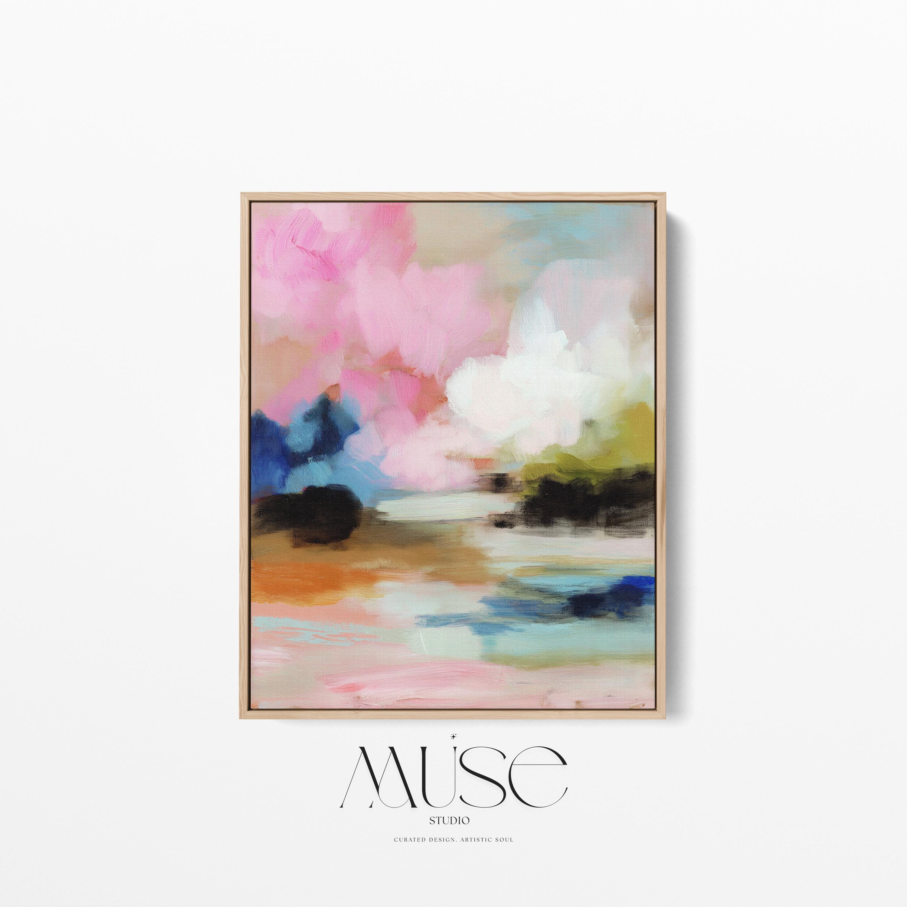 Lythe Daydream 1049 by Muse Studio framed floral abstract wall art inspired by spring gardens, blending blush pink, cream, teal, navy, and soft ochre tones. Printed with museum-grade giclée inks on premium artist canvas and set in a custom wood float frame, styled above a neutral linen bed in a Romantic Botanical bedroom.