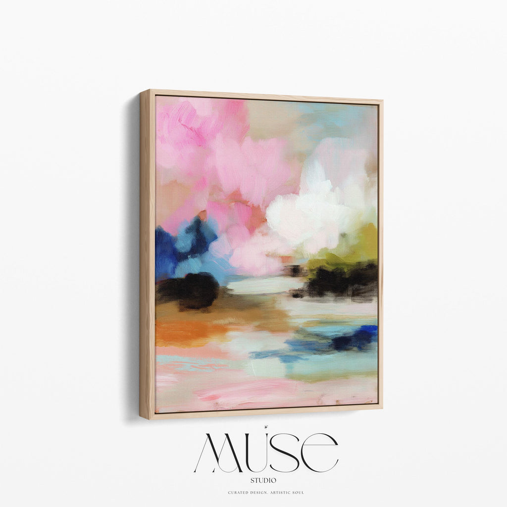 Lythe Daydream 1049 by Muse Studio framed floral abstract wall art inspired by spring gardens, blending blush pink, cream, teal, navy, and soft ochre tones. Printed with museum-grade giclée inks on premium artist canvas and set in a custom wood float frame, styled above a neutral linen bed in a Romantic Botanical bedroom.