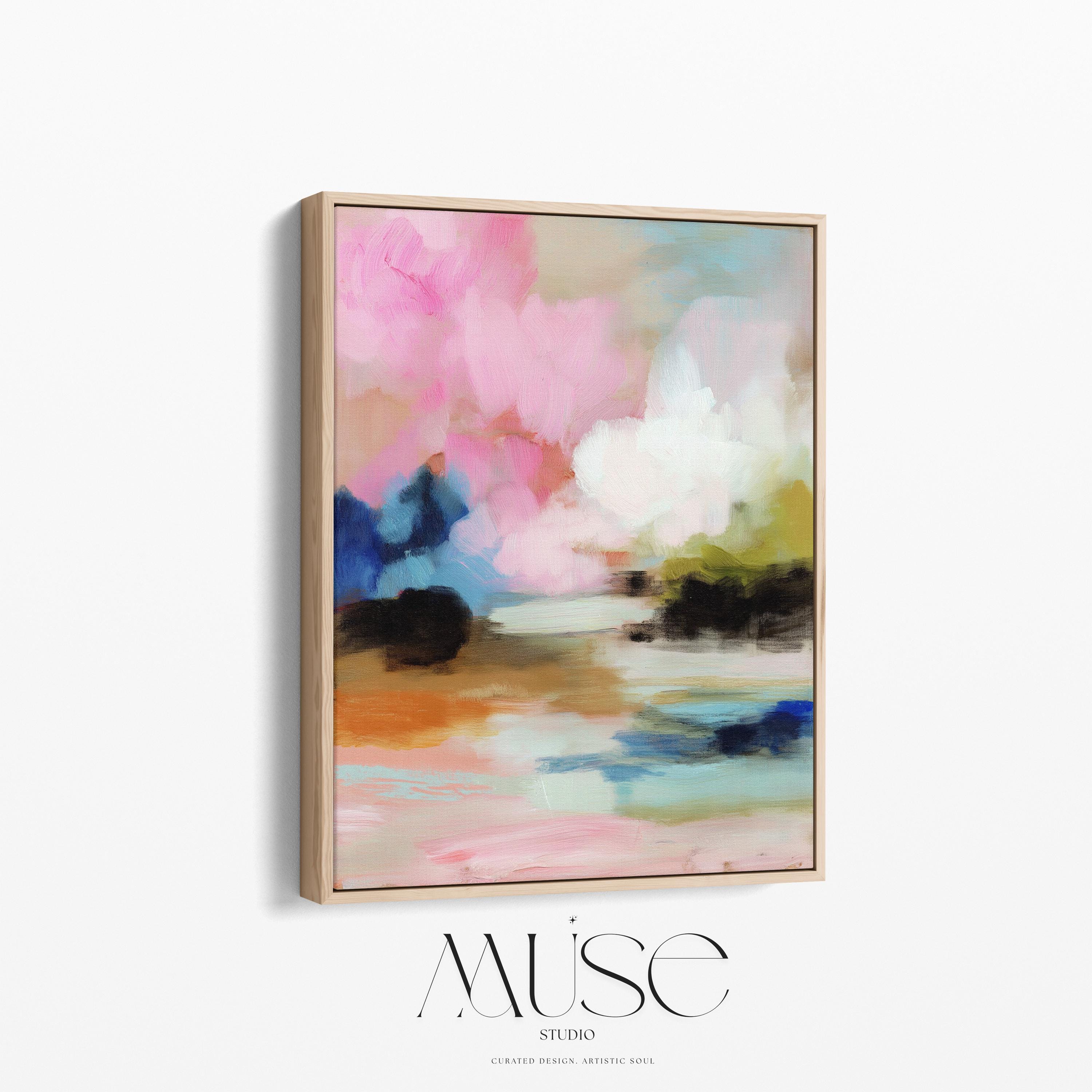 Lythe Daydream 1049 by Muse Studio framed floral abstract wall art inspired by spring gardens, blending blush pink, cream, teal, navy, and soft ochre tones. Printed with museum-grade giclée inks on premium artist canvas and set in a custom wood float frame, styled above a neutral linen bed in a Romantic Botanical bedroom.
