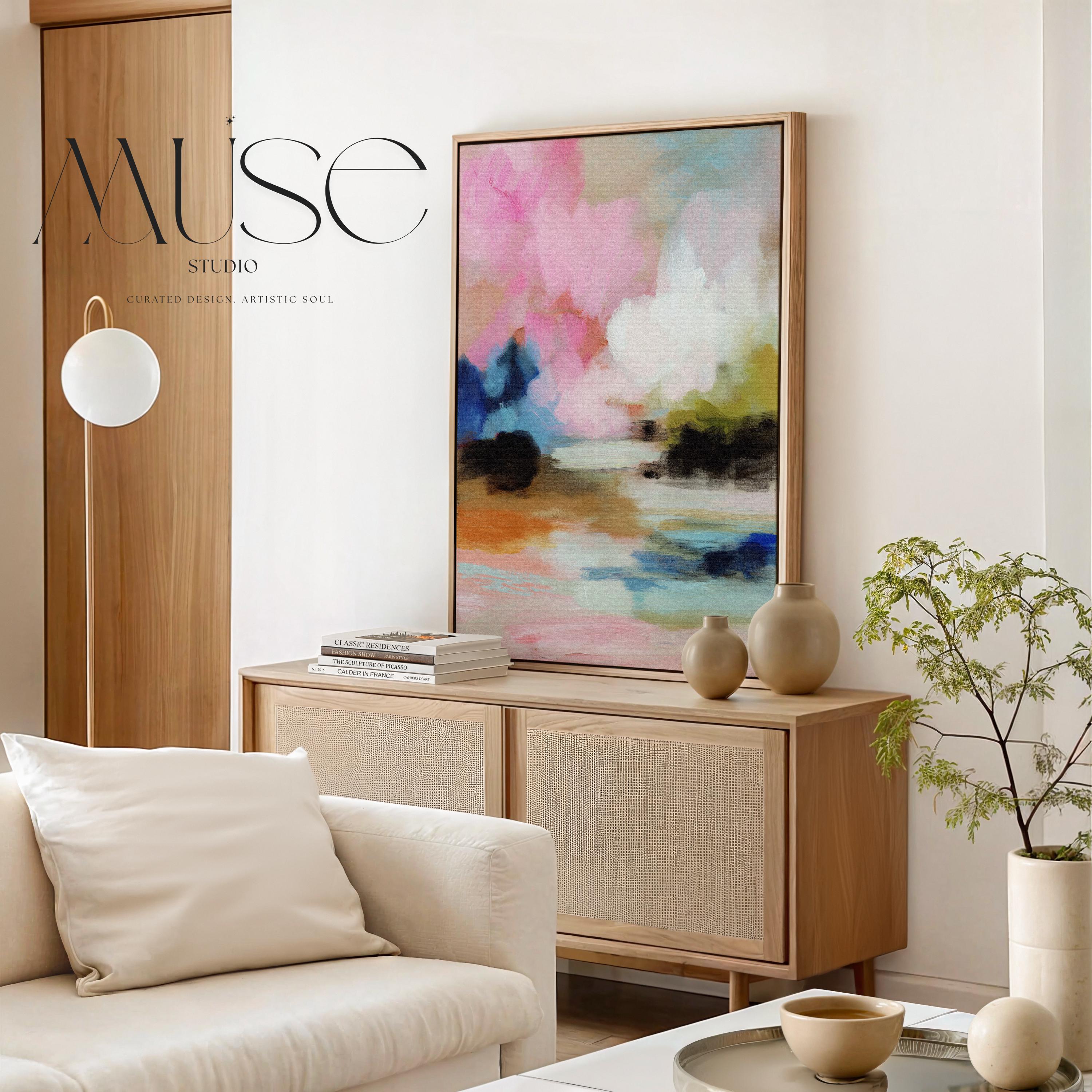 Lythe Daydream 1049 by Muse Studio framed floral abstract wall art inspired by spring gardens, blending blush pink, cream, teal, navy, and soft ochre tones. Printed with museum-grade giclée inks on premium artist canvas and set in a custom wood float frame, styled above a neutral linen bed in a Romantic Botanical bedroom.