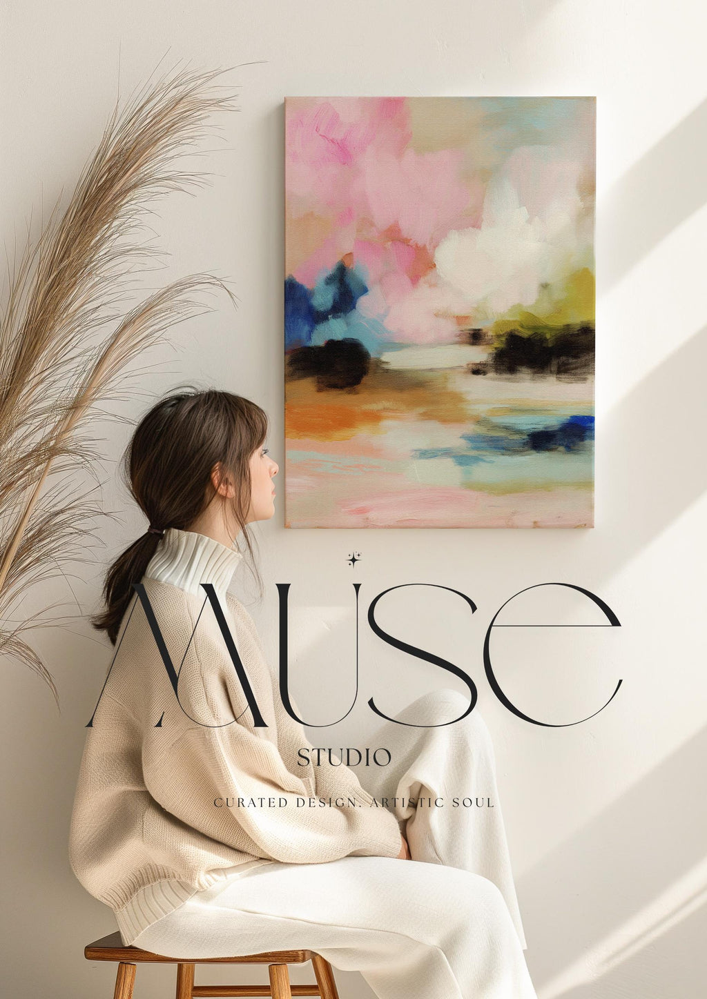 Lythe Daydream 1049 by Muse Studio large vertical floral abstract canvas wall art inspired by spring gardens, featuring blush pink, cream, teal, navy, and warm ochre tones printed on premium gallery-wrapped artist canvas with museum-grade giclée inks, styled above a neutral bed in a Romantic Botanical bedroom.