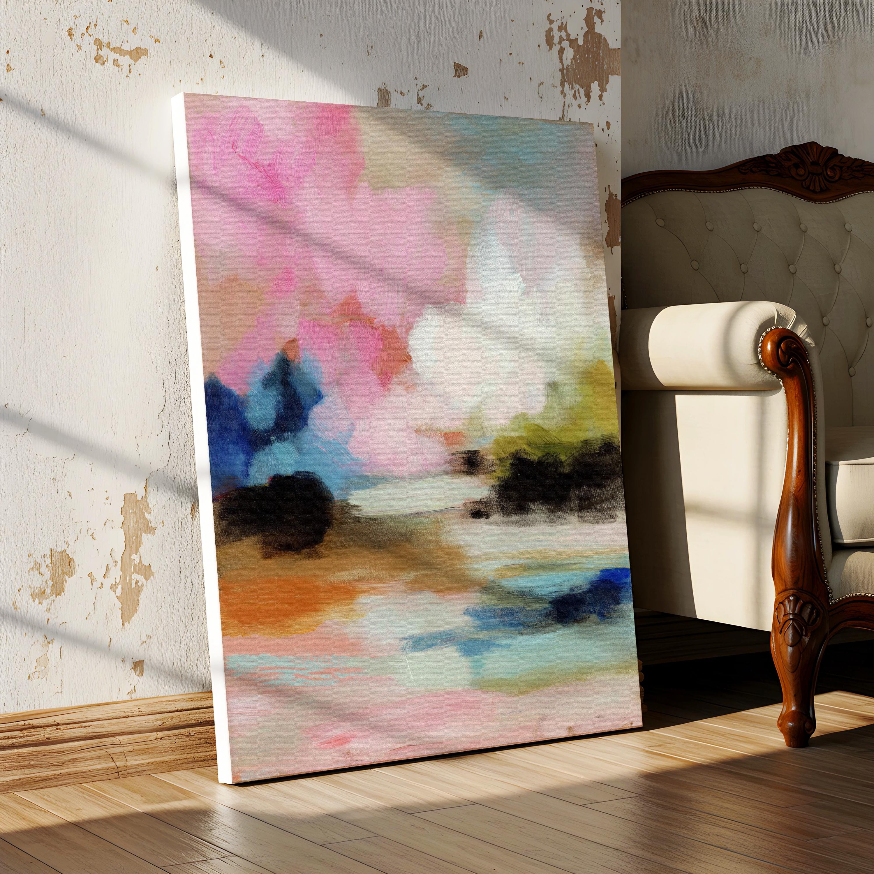 Lythe Daydream 1049 by Muse Studio large vertical floral abstract canvas wall art inspired by spring gardens, featuring blush pink, cream, teal, navy, and warm ochre tones printed on premium gallery-wrapped artist canvas with museum-grade giclée inks, styled above a neutral bed in a Romantic Botanical bedroom.