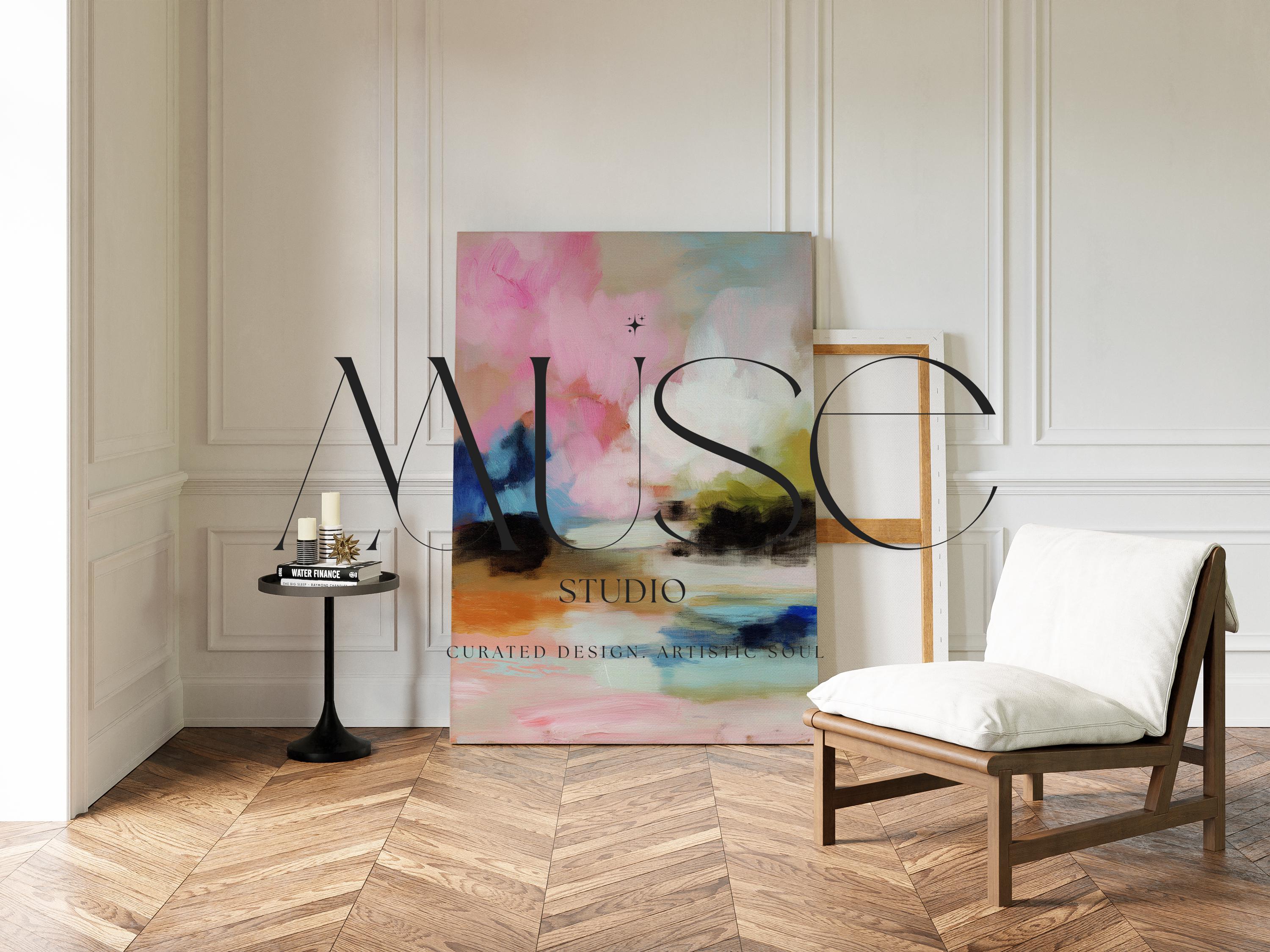 Lythe Daydream 1049 by Muse Studio large vertical floral abstract canvas wall art inspired by spring gardens, featuring blush pink, cream, teal, navy, and warm ochre tones printed on premium gallery-wrapped artist canvas with museum-grade giclée inks, styled above a neutral bed in a Romantic Botanical bedroom.