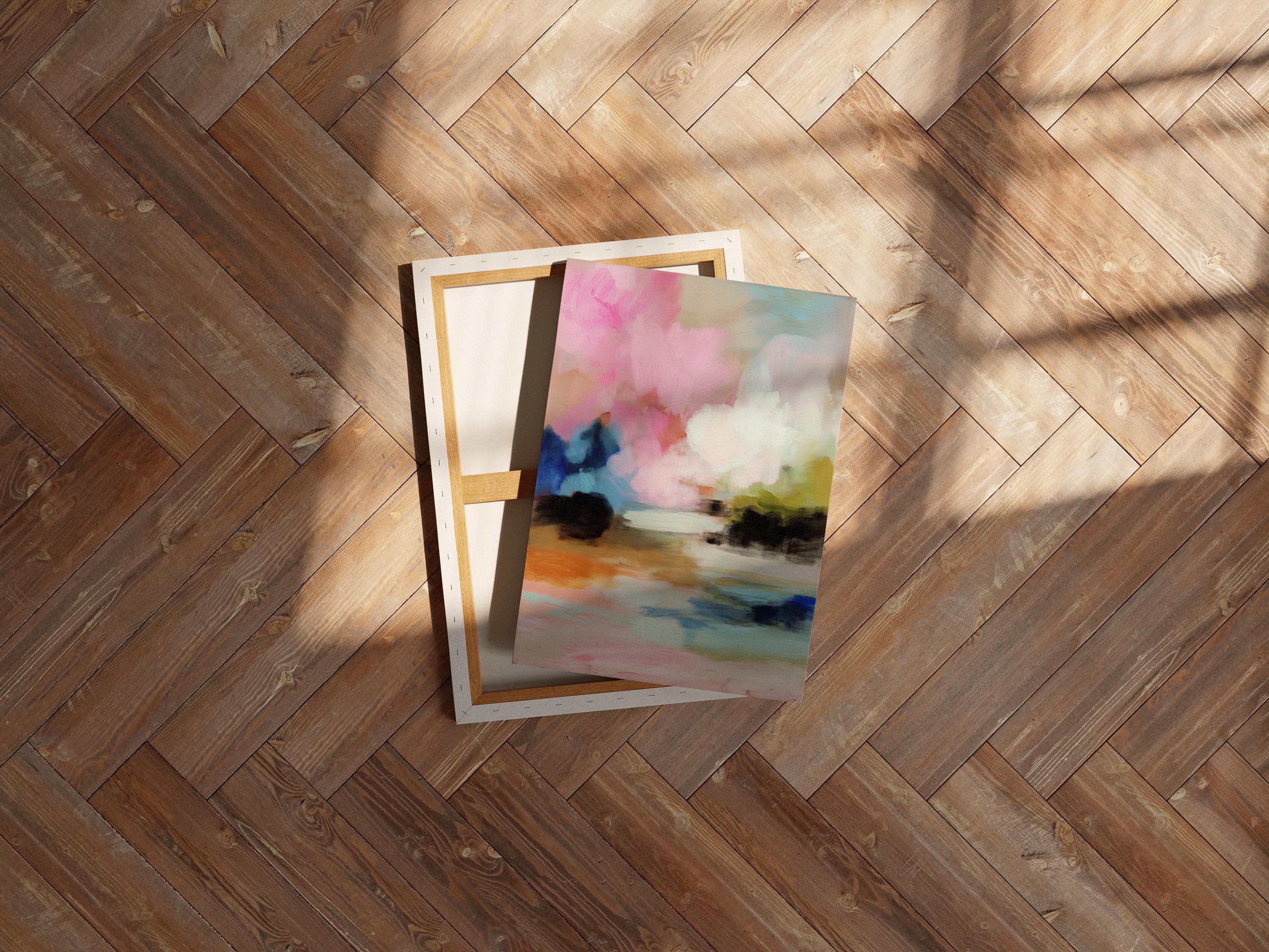 Lythe Daydream 1049 by Muse Studio large vertical floral abstract canvas wall art inspired by spring gardens, featuring blush pink, cream, teal, navy, and warm ochre tones printed on premium gallery-wrapped artist canvas with museum-grade giclée inks, styled above a neutral bed in a Romantic Botanical bedroom.
