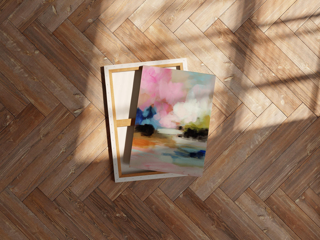 Lythe Daydream 1049 by Muse Studio large vertical floral abstract canvas wall art inspired by spring gardens, featuring blush pink, cream, teal, navy, and warm ochre tones printed on premium gallery-wrapped artist canvas with museum-grade giclée inks, styled above a neutral bed in a Romantic Botanical bedroom.