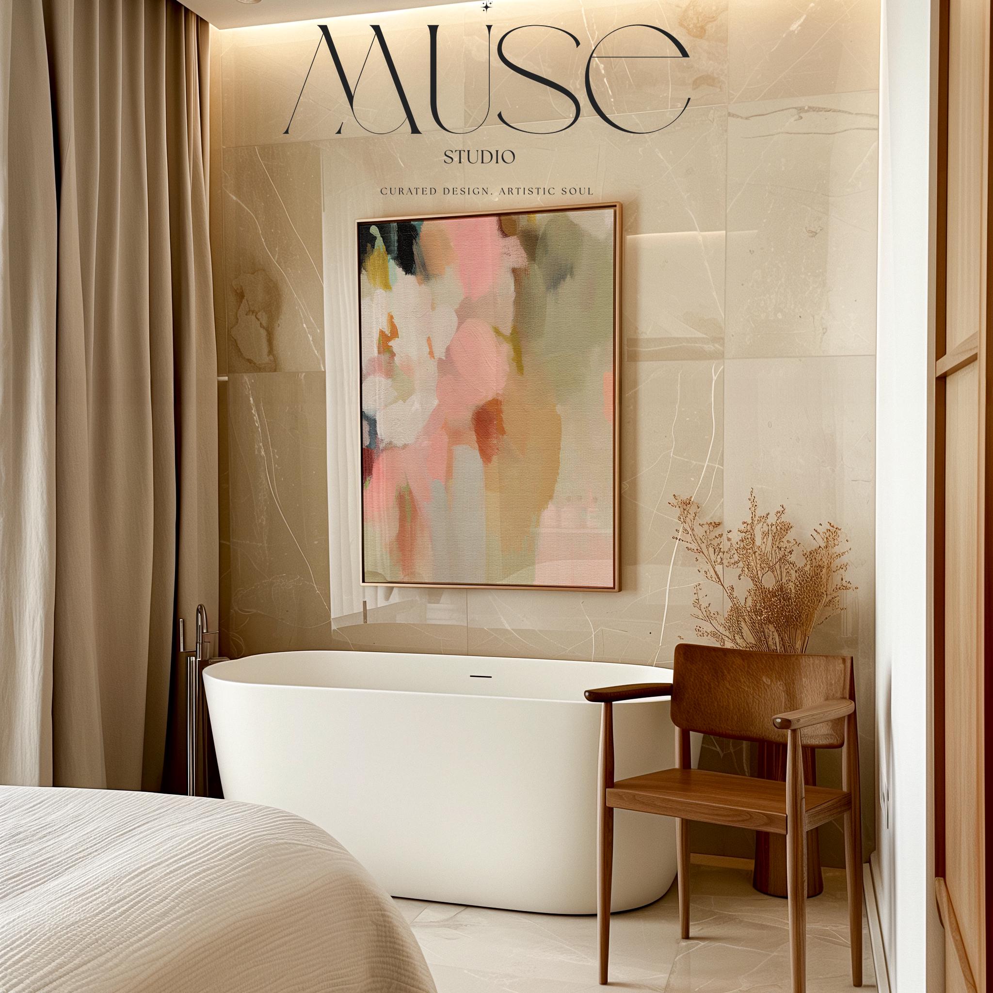 Blossom Dawn 1046 by Muse Studio framed floral abstract wall art inspired by spring gardens, blending blush pink, coral, warm sand, sage green, cream, and charcoal tones. Printed with museum-grade giclée inks on premium artist canvas and set in a custom wood float frame, styled in a Romantic Botanical bedroom.
