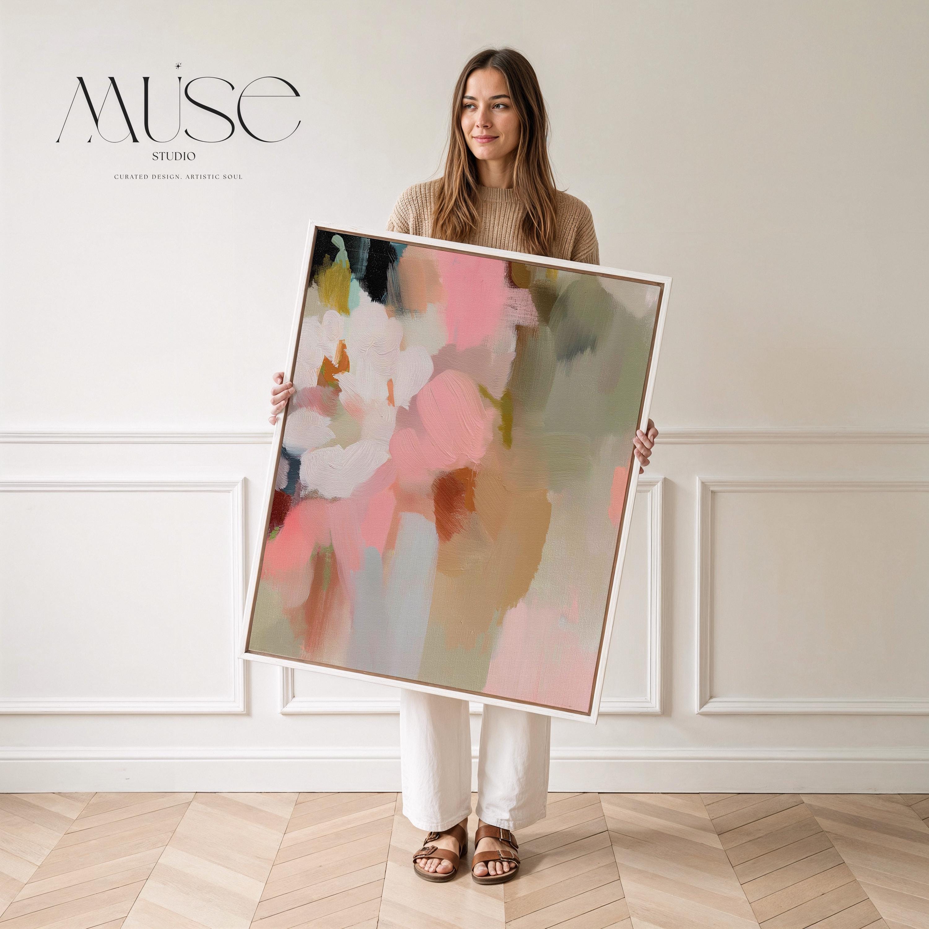 Blossom Dawn 1046 by Muse Studio framed floral abstract wall art inspired by spring gardens, blending blush pink, coral, warm sand, sage green, cream, and charcoal tones. Printed with museum-grade giclée inks on premium artist canvas and set in a custom wood float frame, styled in a Romantic Botanical bedroom.