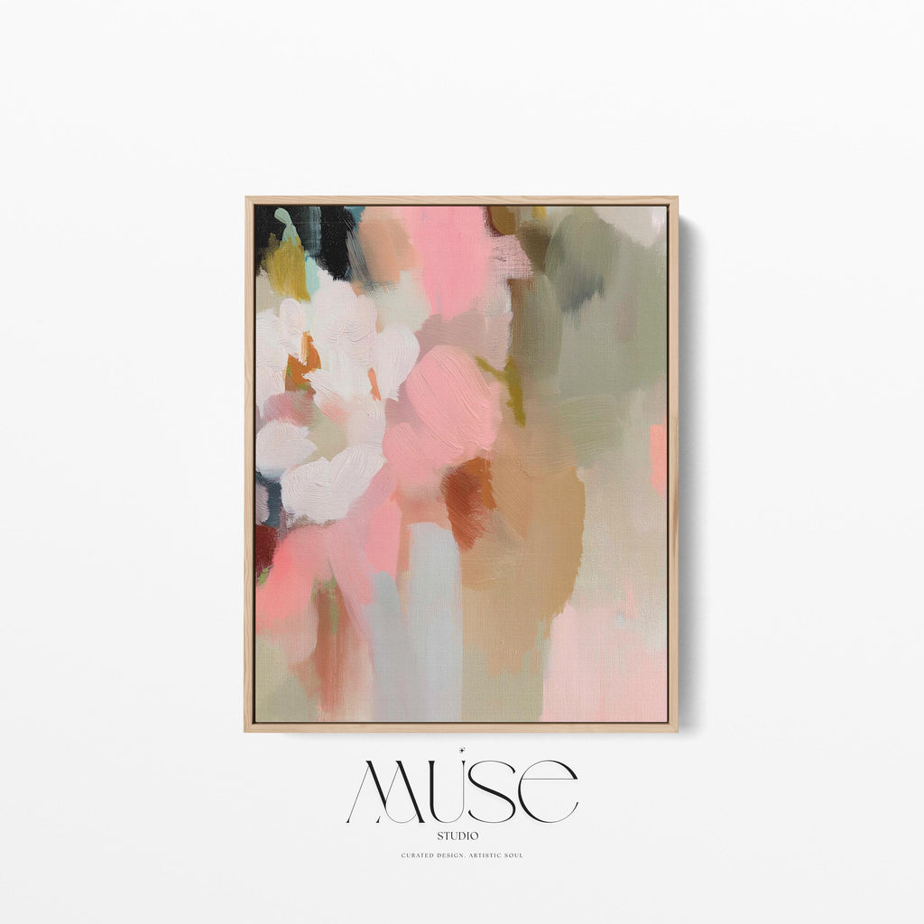 Blossom Dawn 1046 by Muse Studio framed floral abstract wall art inspired by spring gardens, blending blush pink, coral, warm sand, sage green, cream, and charcoal tones. Printed with museum-grade giclée inks on premium artist canvas and set in a custom wood float frame, styled in a Romantic Botanical bedroom.