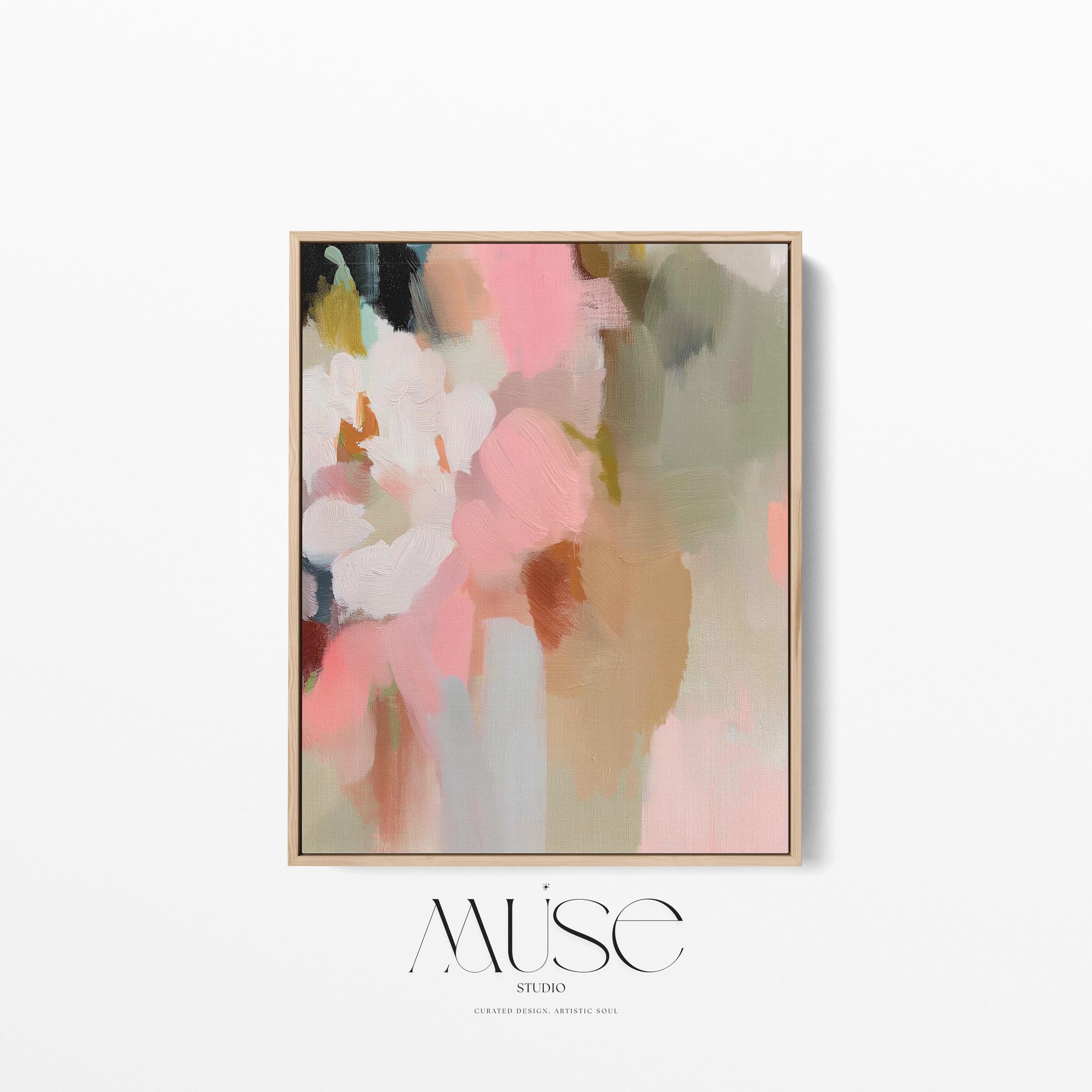 Blossom Dawn 1046 by Muse Studio framed floral abstract wall art inspired by spring gardens, blending blush pink, coral, warm sand, sage green, cream, and charcoal tones. Printed with museum-grade giclée inks on premium artist canvas and set in a custom wood float frame, styled in a Romantic Botanical bedroom.