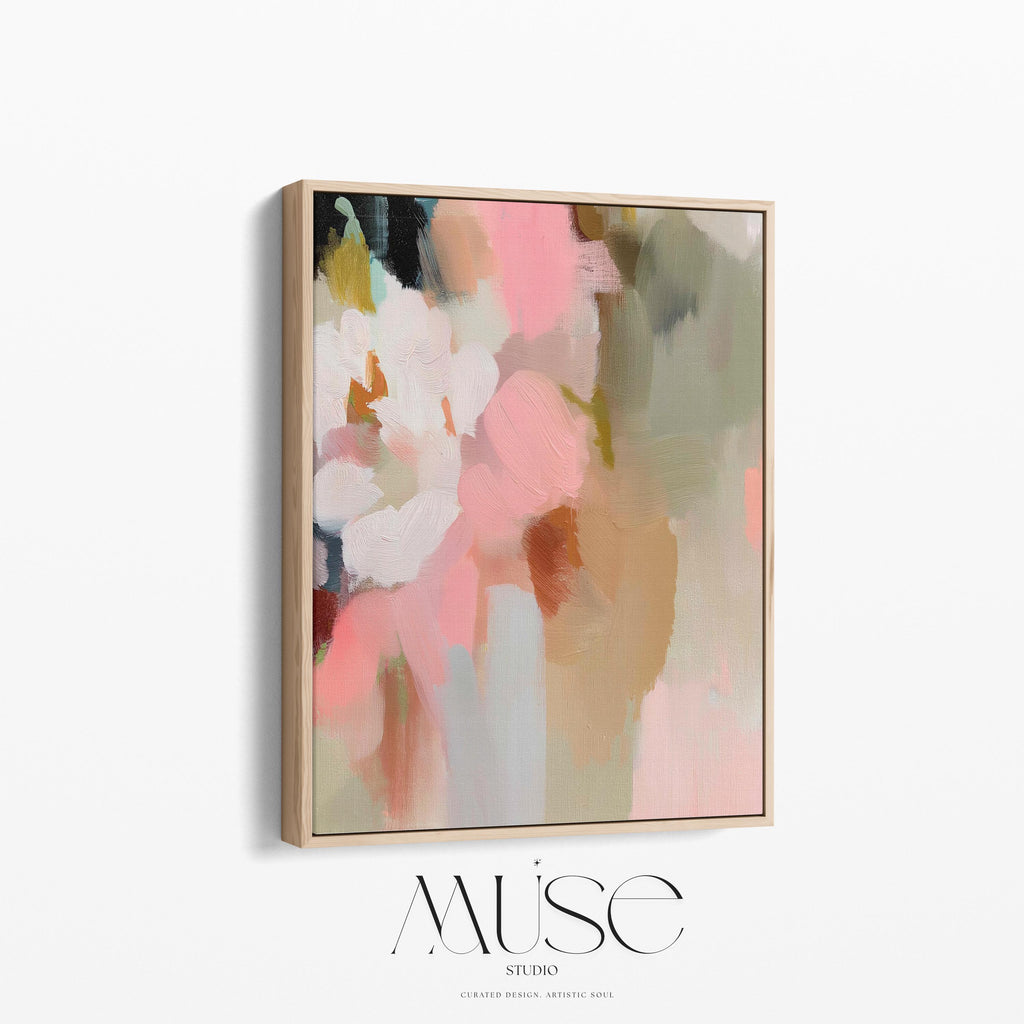 Blossom Dawn 1046 by Muse Studio framed floral abstract wall art inspired by spring gardens, blending blush pink, coral, warm sand, sage green, cream, and charcoal tones. Printed with museum-grade giclée inks on premium artist canvas and set in a custom wood float frame, styled in a Romantic Botanical bedroom.