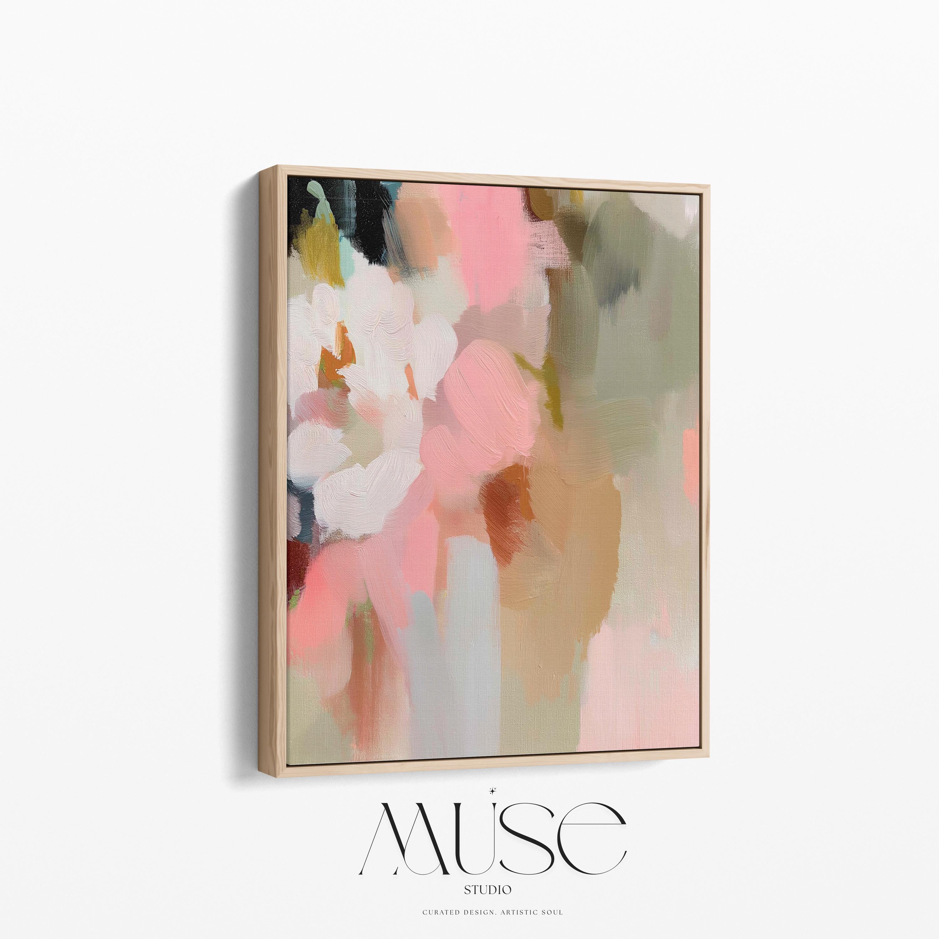 Blossom Dawn 1046 by Muse Studio framed floral abstract wall art inspired by spring gardens, blending blush pink, coral, warm sand, sage green, cream, and charcoal tones. Printed with museum-grade giclée inks on premium artist canvas and set in a custom wood float frame, styled in a Romantic Botanical bedroom.