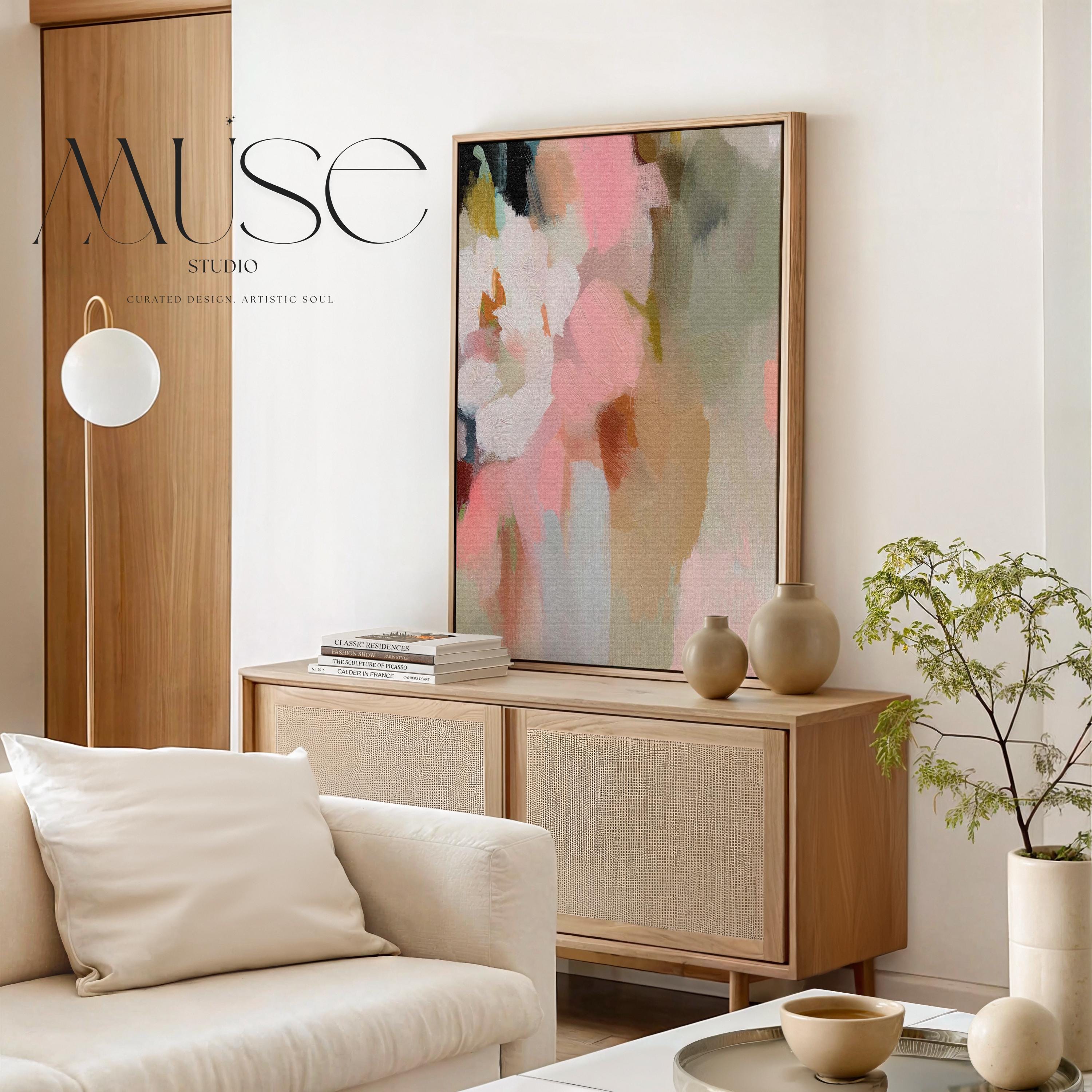 Blossom Dawn 1046 by Muse Studio framed floral abstract wall art inspired by spring gardens, blending blush pink, coral, warm sand, sage green, cream, and charcoal tones. Printed with museum-grade giclée inks on premium artist canvas and set in a custom wood float frame, styled in a Romantic Botanical bedroom.