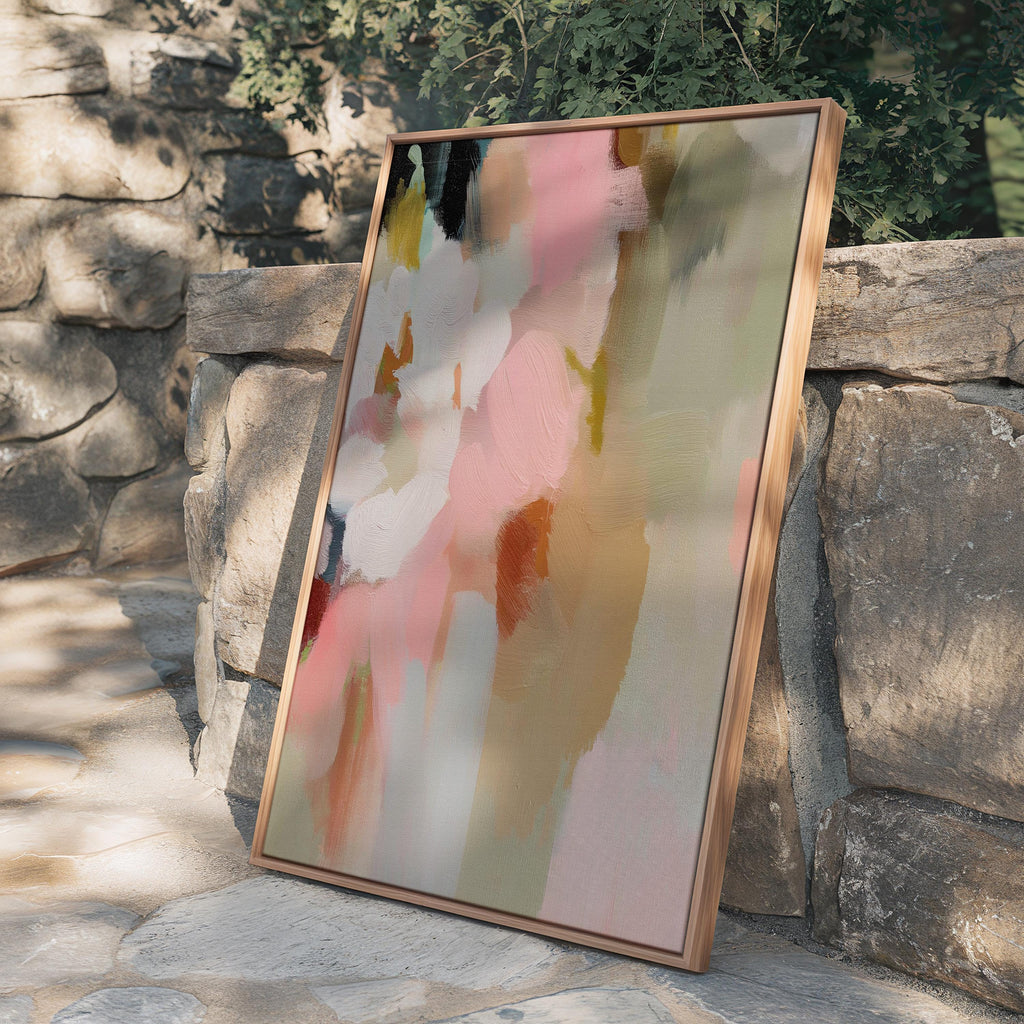 Blossom Dawn 1046 by Muse Studio framed floral abstract wall art inspired by spring gardens, blending blush pink, coral, warm sand, sage green, cream, and charcoal tones. Printed with museum-grade giclée inks on premium artist canvas and set in a custom wood float frame, styled in a Romantic Botanical bedroom.