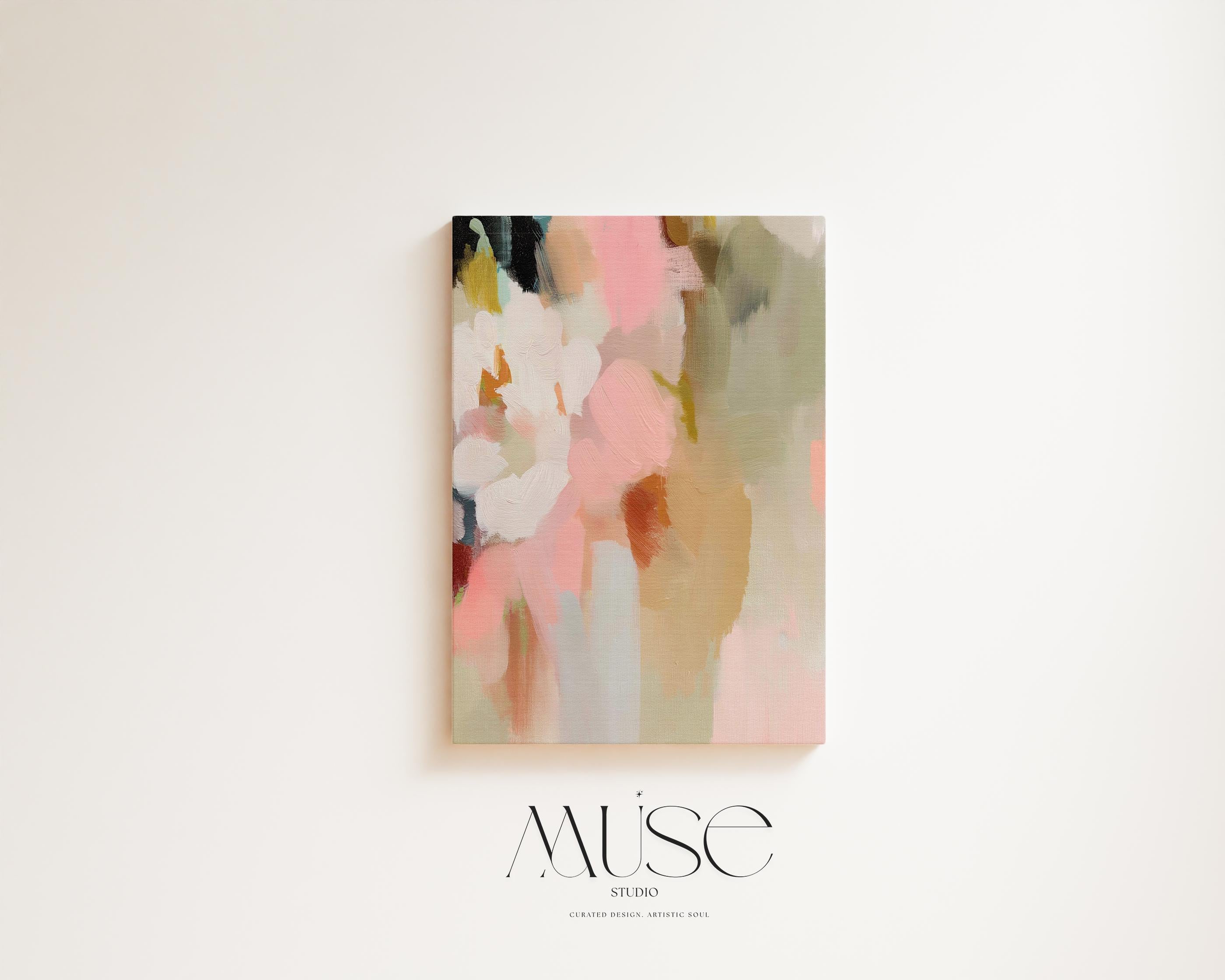 Blossom Dawn 1046 by Muse Studio large vertical floral abstract canvas wall art inspired by spring gardens, featuring blush pink, coral, warm sand, sage green, cream, and charcoal tones printed on premium gallery-wrapped artist canvas with museum-grade giclée inks.