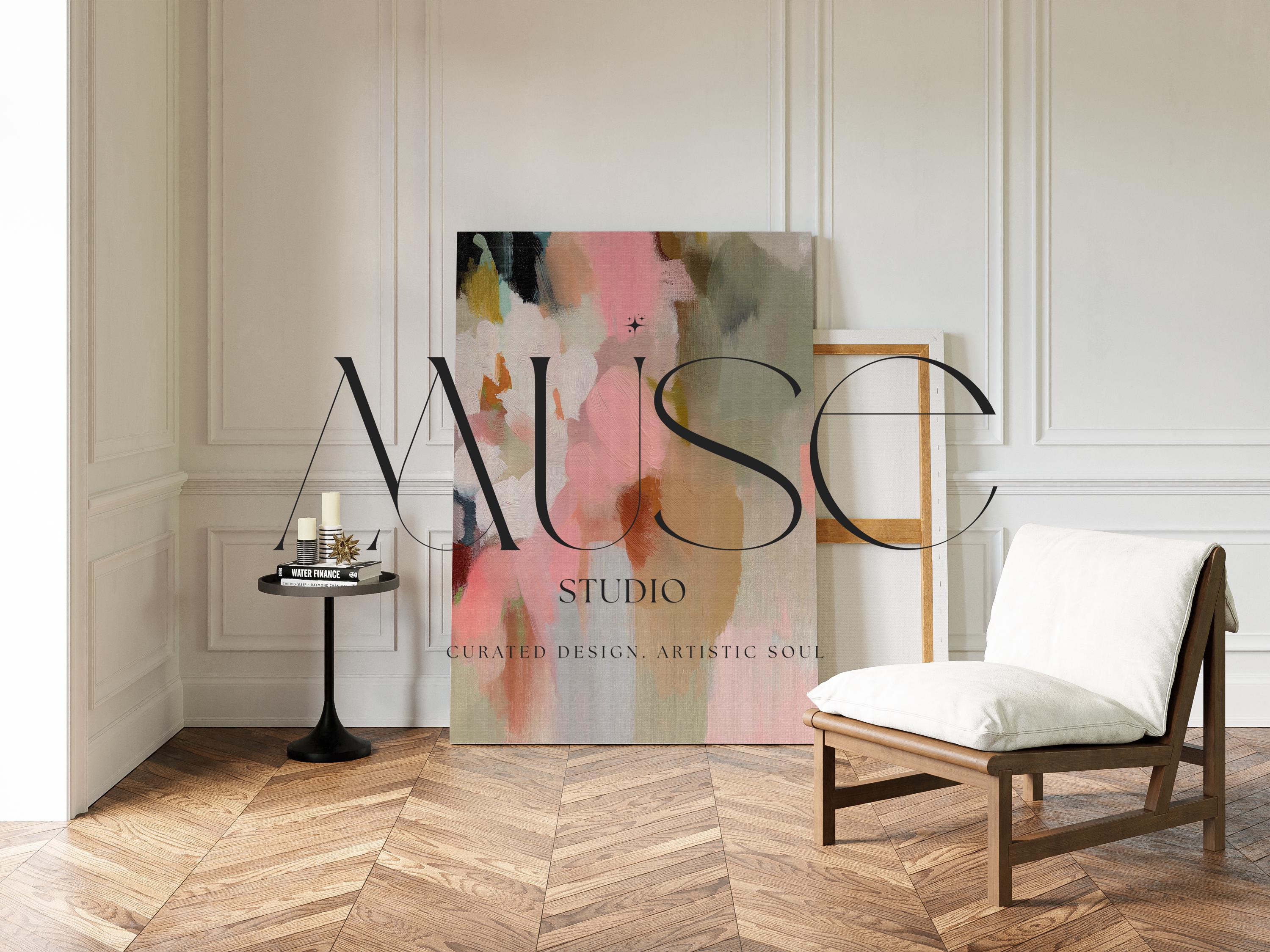 Blossom Dawn 1046 by Muse Studio large vertical floral abstract canvas wall art inspired by spring gardens, featuring blush pink, coral, warm sand, sage green, cream, and charcoal tones printed on premium gallery-wrapped artist canvas with museum-grade giclée inks.