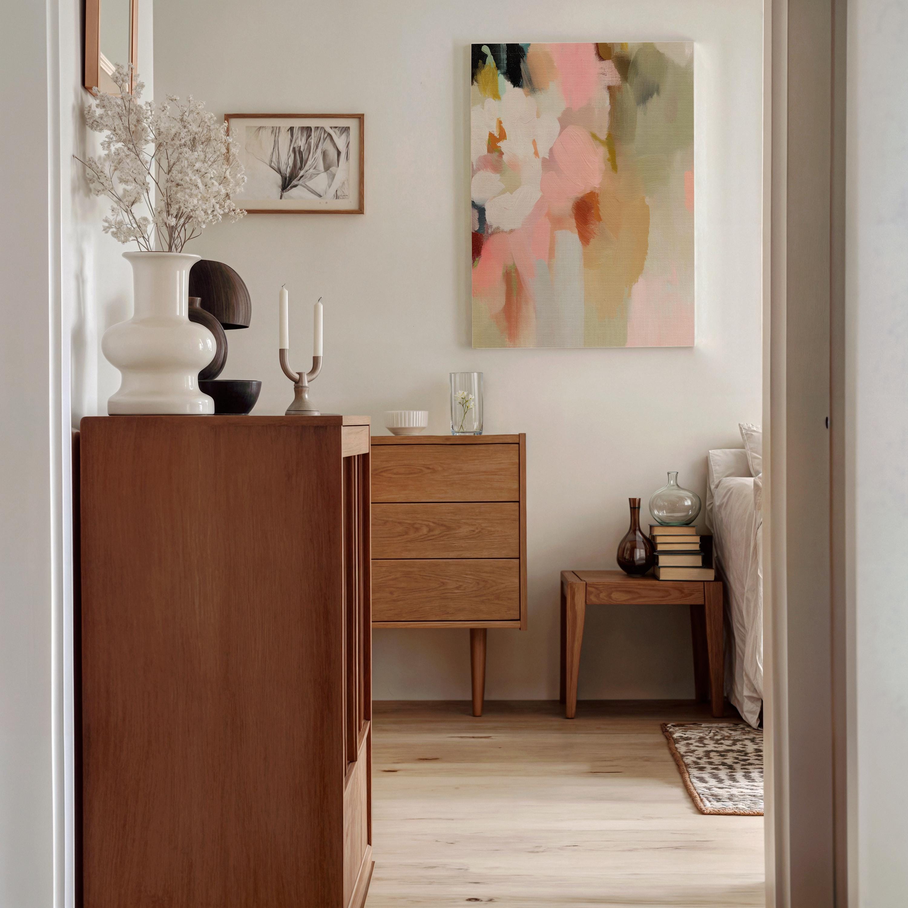Blossom Dawn 1046 by Muse Studio large vertical floral abstract canvas wall art inspired by spring gardens, featuring blush pink, coral, warm sand, sage green, cream, and charcoal tones printed on premium gallery-wrapped artist canvas with museum-grade giclée inks.