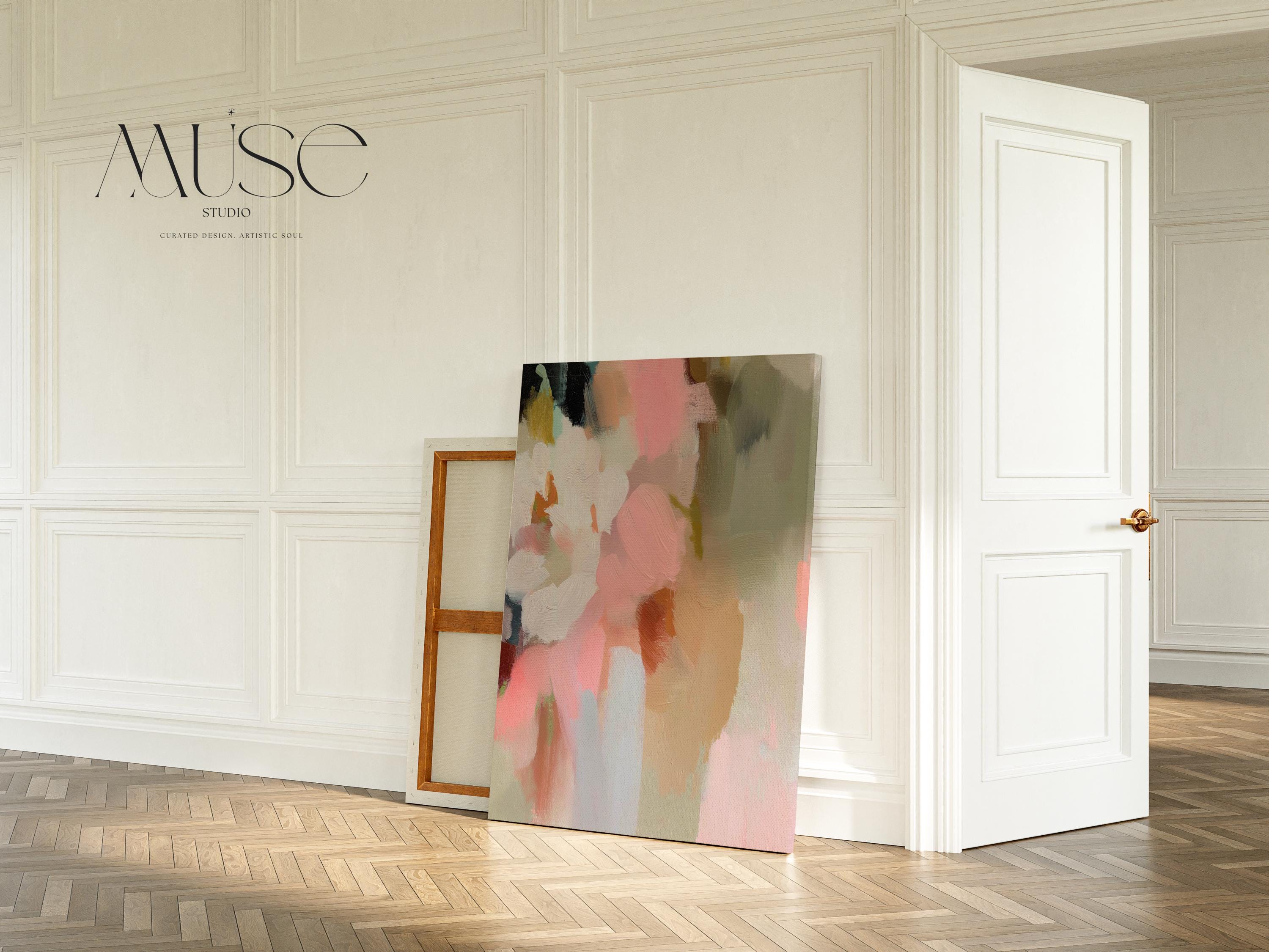 Blossom Dawn 1046 by Muse Studio large vertical floral abstract canvas wall art inspired by spring gardens, featuring blush pink, coral, warm sand, sage green, cream, and charcoal tones printed on premium gallery-wrapped artist canvas with museum-grade giclée inks.