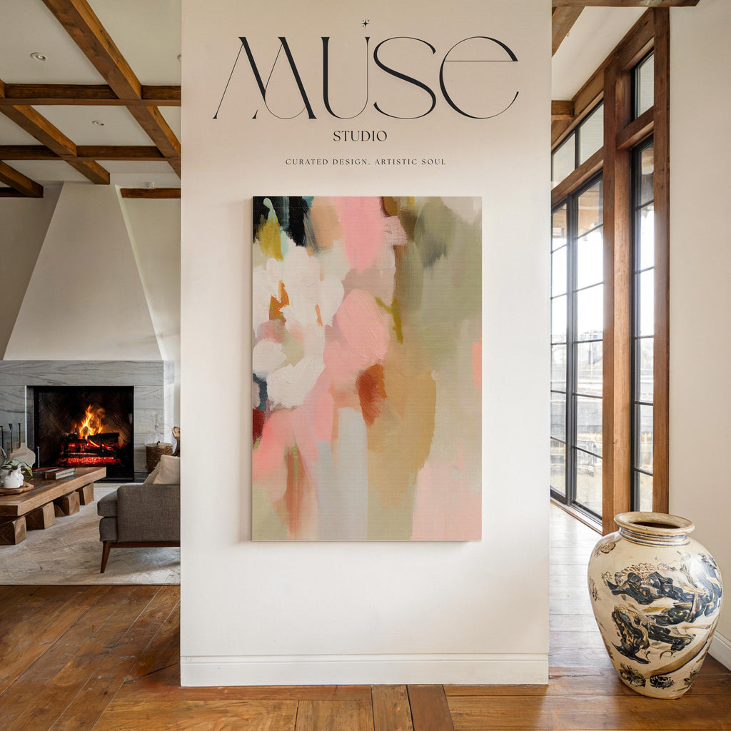 Blossom Dawn 1046 by Muse Studio large vertical floral abstract canvas wall art inspired by spring gardens, featuring blush pink, coral, warm sand, sage green, cream, and charcoal tones printed on premium gallery-wrapped artist canvas with museum-grade giclée inks.