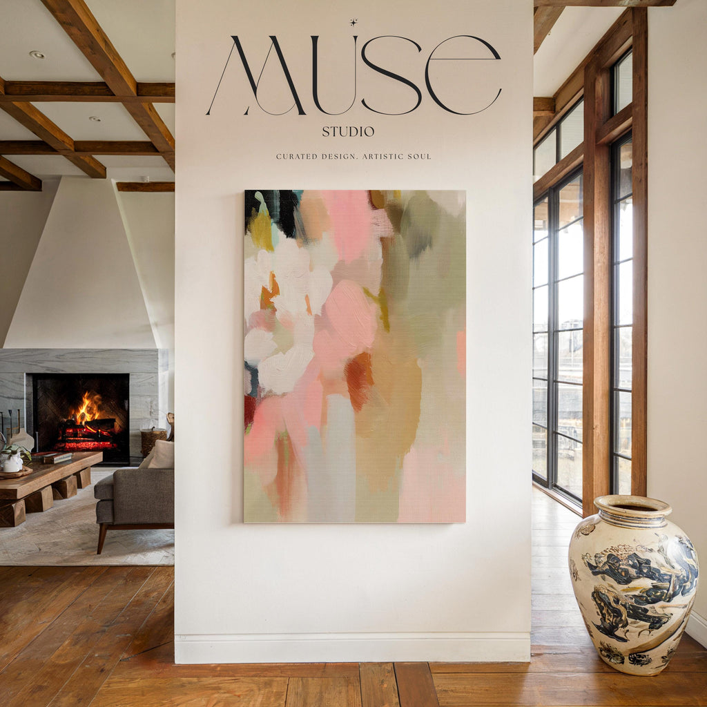 Blossom Dawn 1046 by Muse Studio large vertical floral abstract canvas wall art inspired by spring gardens, featuring blush pink, coral, warm sand, sage green, cream, and charcoal tones printed on premium gallery-wrapped artist canvas with museum-grade giclée inks.