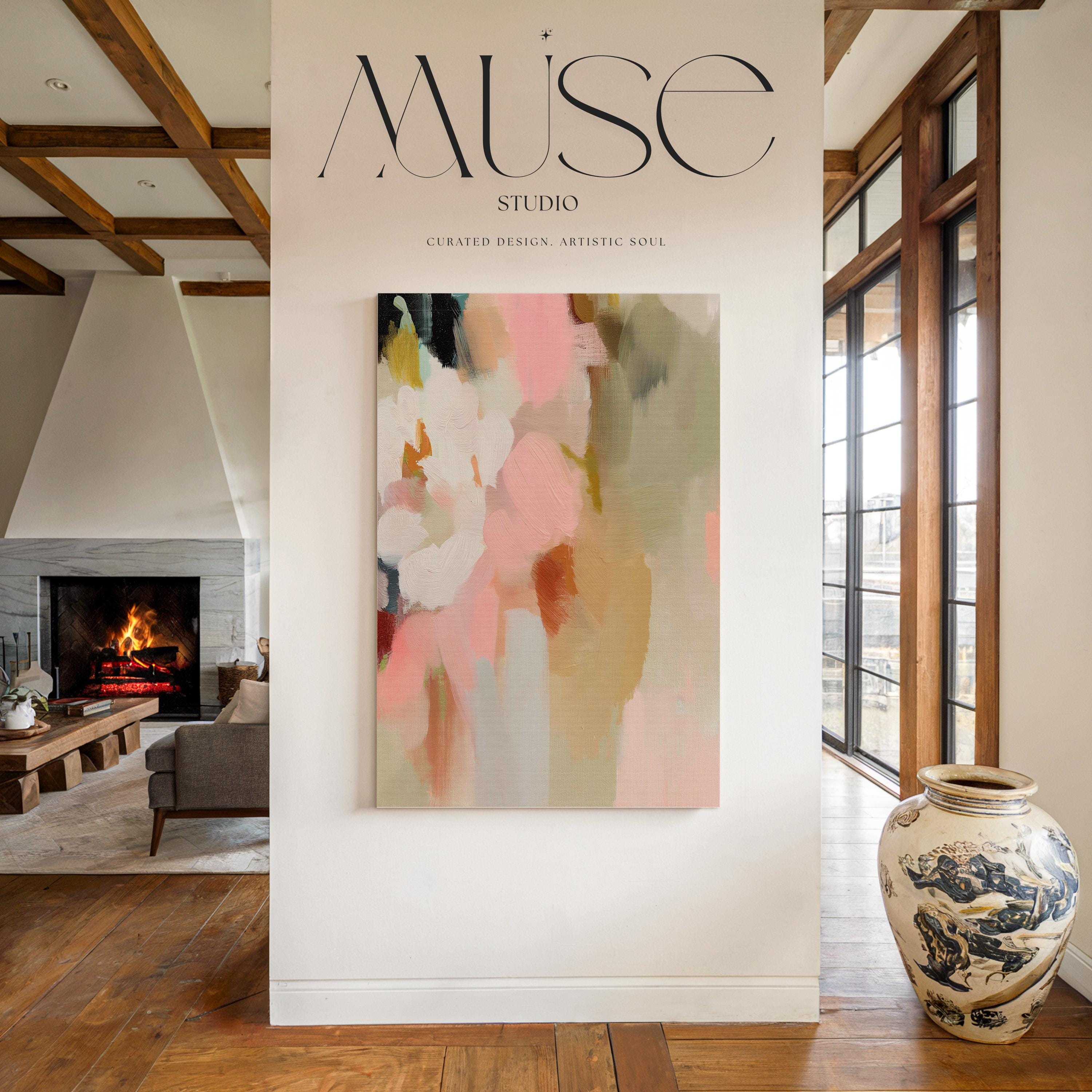 Blossom Dawn 1046 by Muse Studio large vertical floral abstract canvas wall art inspired by spring gardens, featuring blush pink, coral, warm sand, sage green, cream, and charcoal tones printed on premium gallery-wrapped artist canvas with museum-grade giclée inks.