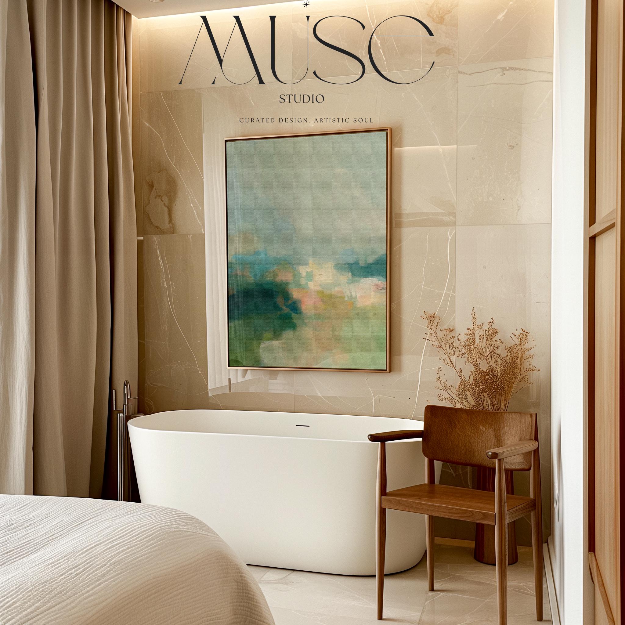 Misty Glade 1045 by Muse Studio vertical abstract landscape wall art inspired by misty woodland clearings, blending sage green, sea glass blue, soft cream, and pale peach light. Printed with museum-grade giclée inks on premium gallery-wrapped artist canvas and available framed in custom wood float frames for serene Organic Transitional interiors.
