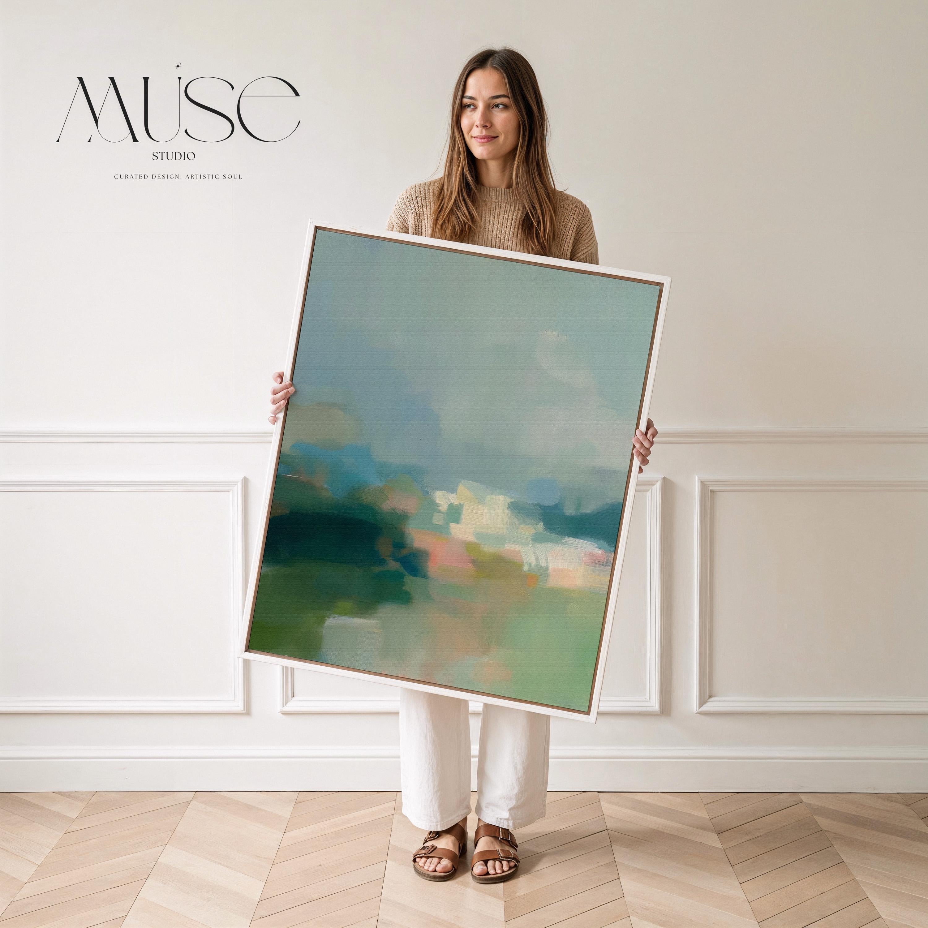 Misty Glade 1045 by Muse Studio vertical abstract landscape wall art inspired by misty woodland clearings, blending sage green, sea glass blue, soft cream, and pale peach light. Printed with museum-grade giclée inks on premium gallery-wrapped artist canvas and available framed in custom wood float frames for serene Organic Transitional interiors.