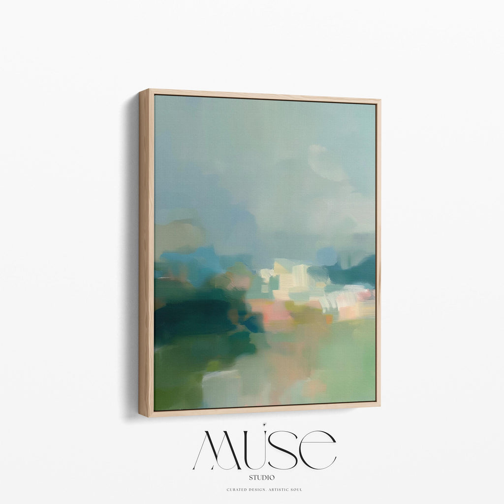 Misty Glade 1045 by Muse Studio vertical abstract landscape wall art inspired by misty woodland clearings, blending sage green, sea glass blue, soft cream, and pale peach light. Printed with museum-grade giclée inks on premium gallery-wrapped artist canvas and available framed in custom wood float frames for serene Organic Transitional interiors.