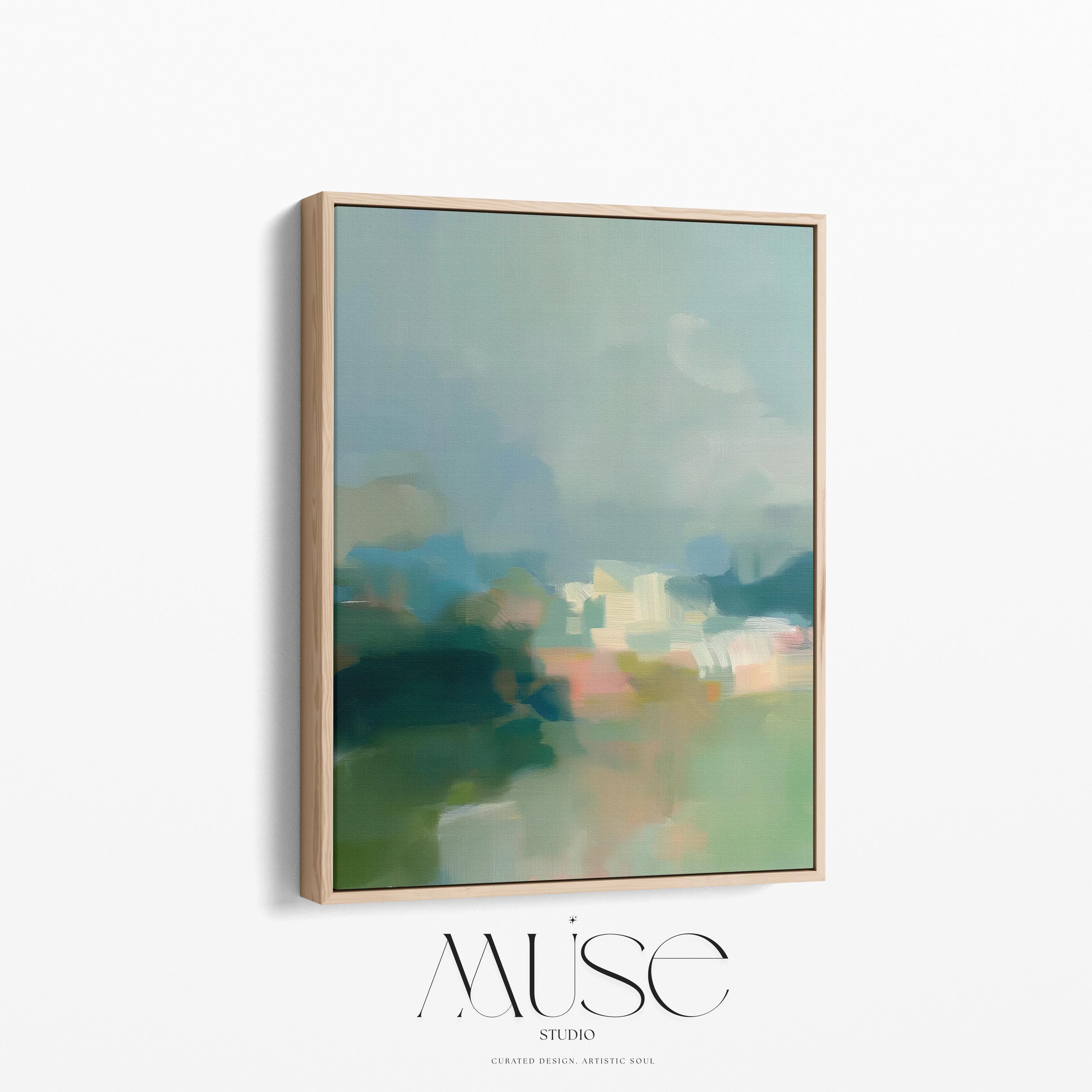Misty Glade 1045 by Muse Studio vertical abstract landscape wall art inspired by misty woodland clearings, blending sage green, sea glass blue, soft cream, and pale peach light. Printed with museum-grade giclée inks on premium gallery-wrapped artist canvas and available framed in custom wood float frames for serene Organic Transitional interiors.