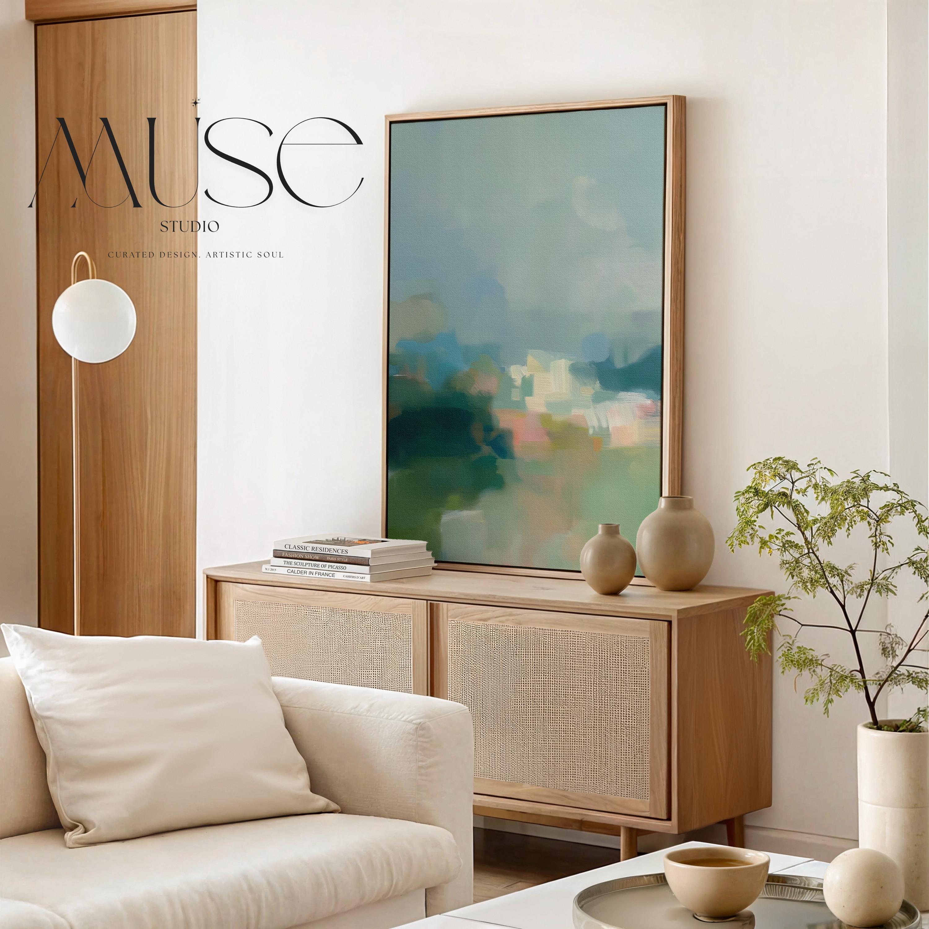 Misty Glade 1045 by Muse Studio vertical abstract landscape wall art inspired by misty woodland clearings, blending sage green, sea glass blue, soft cream, and pale peach light. Printed with museum-grade giclée inks on premium gallery-wrapped artist canvas and available framed in custom wood float frames for serene Organic Transitional interiors.
