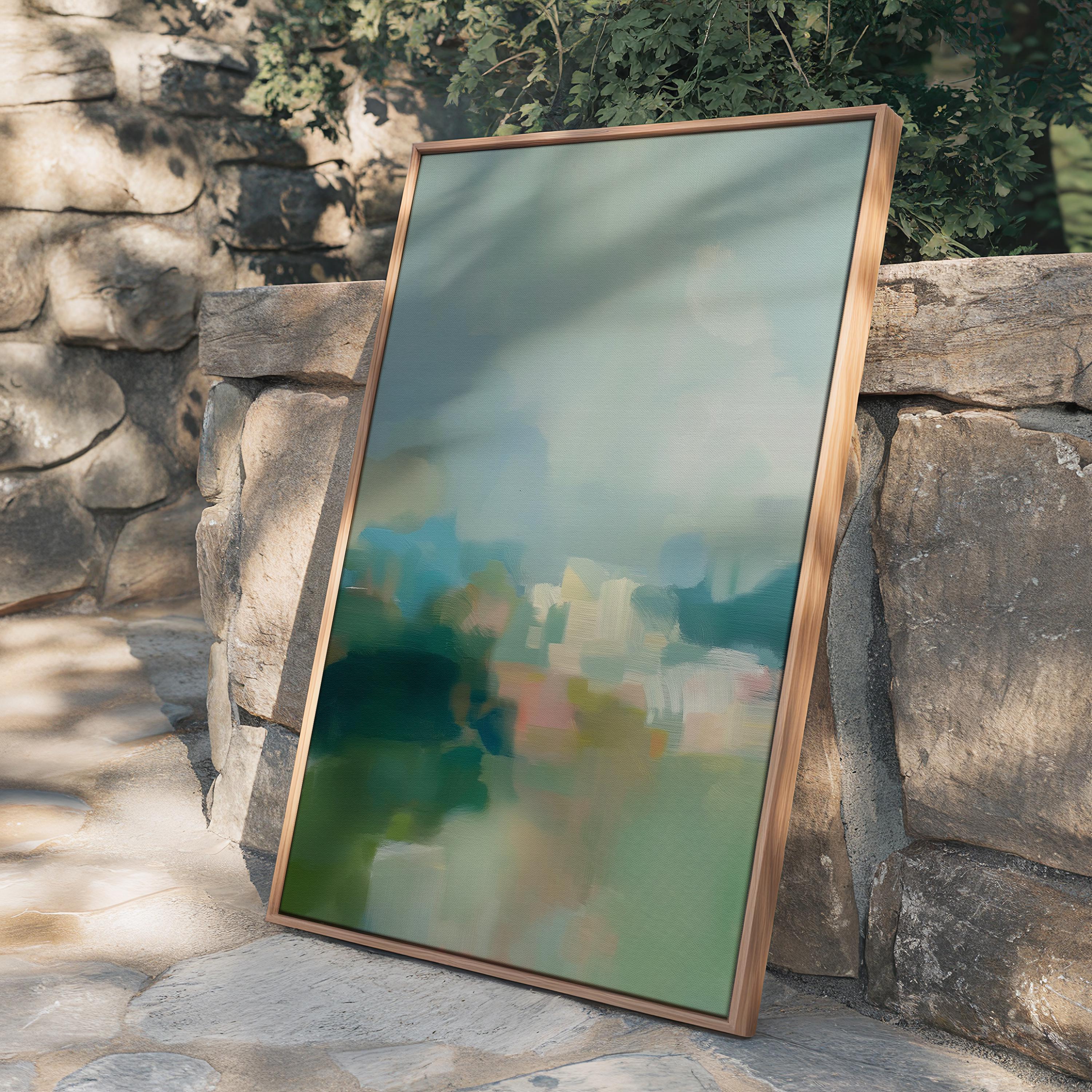 Misty Glade 1045 by Muse Studio vertical abstract landscape wall art inspired by misty woodland clearings, blending sage green, sea glass blue, soft cream, and pale peach light. Printed with museum-grade giclée inks on premium gallery-wrapped artist canvas and available framed in custom wood float frames for serene Organic Transitional interiors.