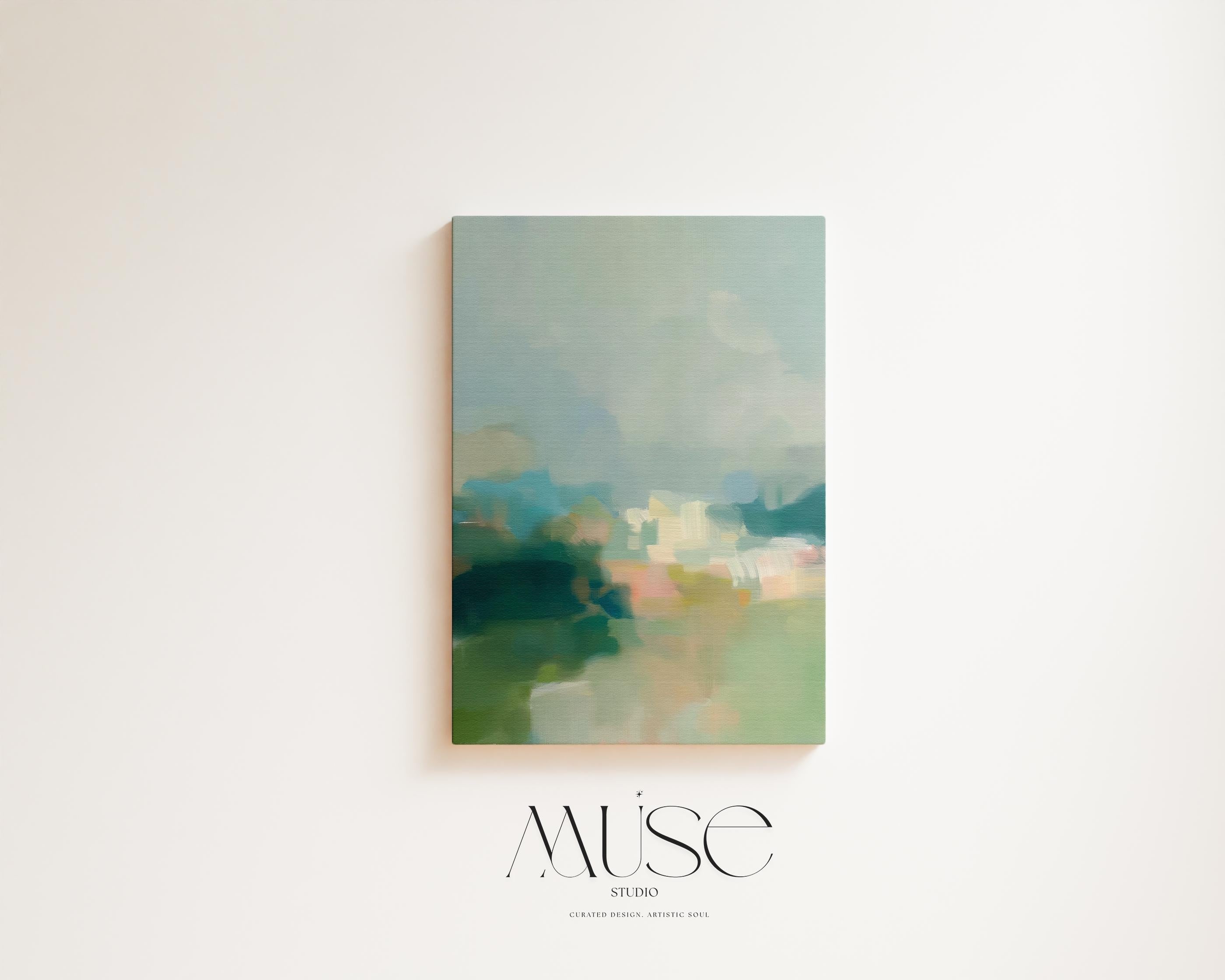 Summer Veil No. 308 by Muse Studio & Co. vertical teal green pastel abstract coastal landscape wall art printed with museum-grade giclée inks on premium gallery-wrapped canvas and framed in natural wood float frame, styled as serene living room wall decor in soft contemporary coastal interiors with custom frame options in natural, white, black, antique gold and antique silver.