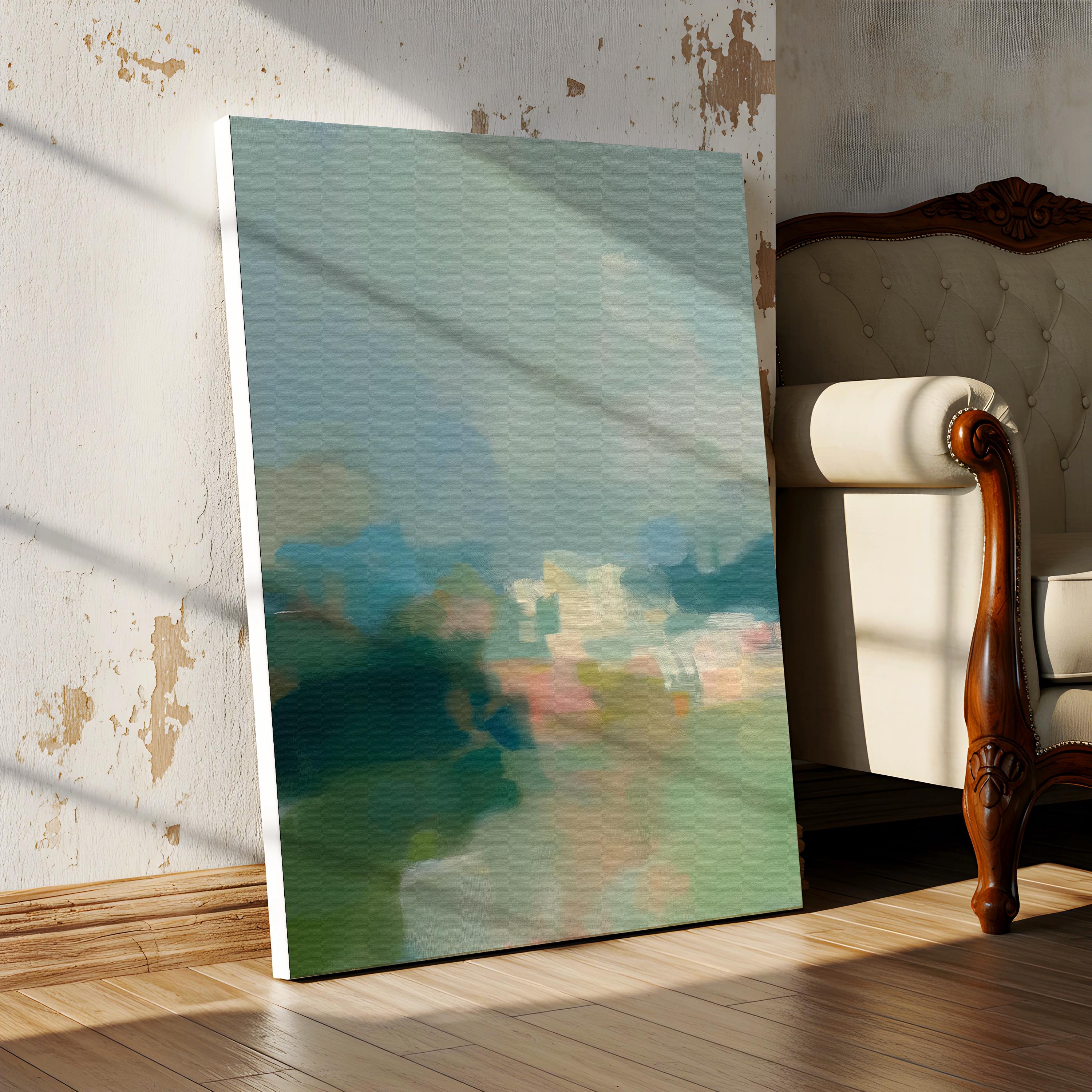 Misty Glade 1045 by Muse Studio vertical abstract landscape wall art inspired by misty woodland clearings, blending sage green, sea glass blue, soft cream, and pale peach light. Printed with museum-grade giclée inks on premium gallery-wrapped artist canvas and available framed in custom wood float frames for serene Organic Transitional interiors.