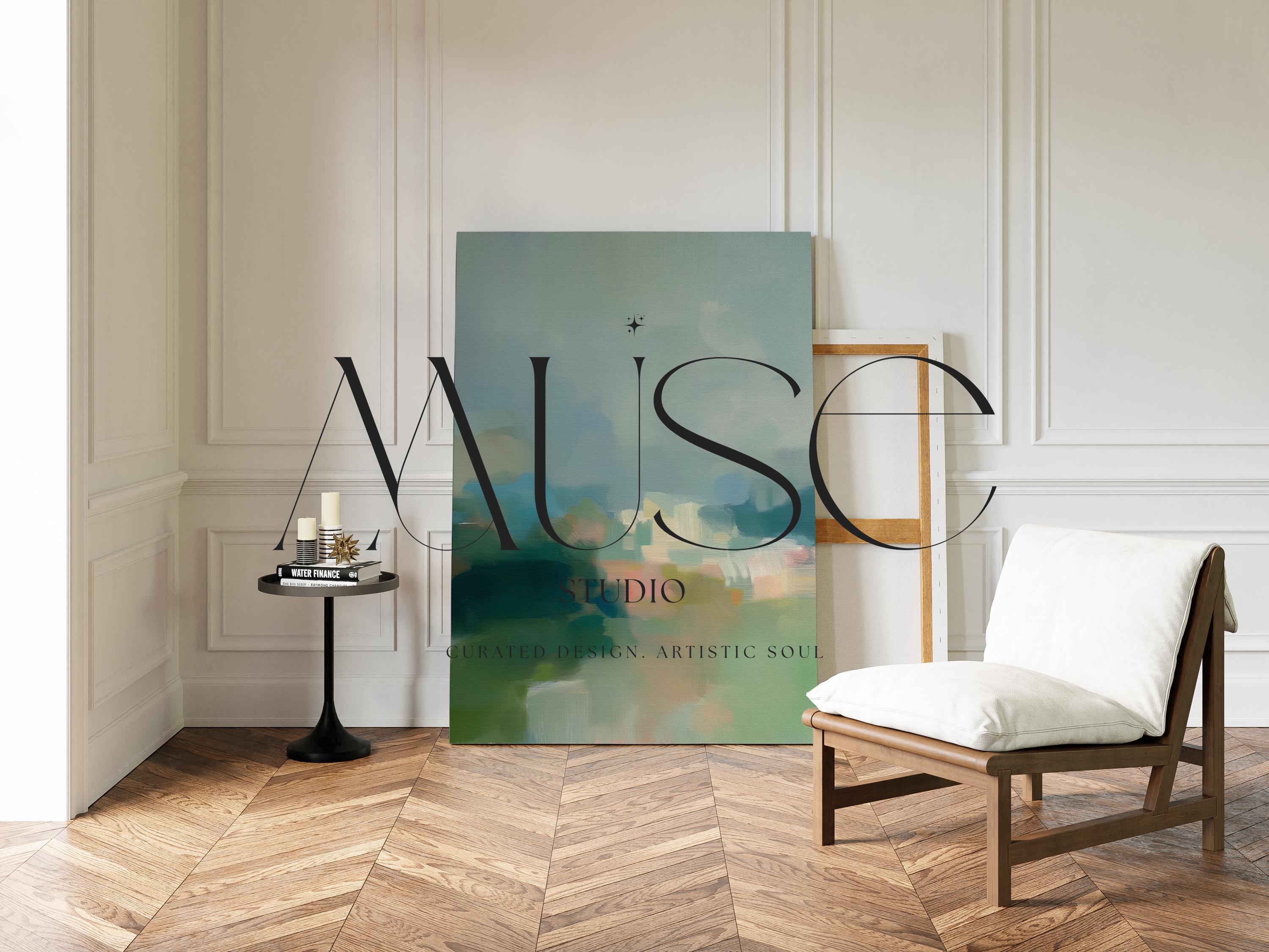 Misty Glade 1045 by Muse Studio vertical abstract landscape wall art inspired by misty woodland clearings, blending sage green, sea glass blue, soft cream, and pale peach light. Printed with museum-grade giclée inks on premium gallery-wrapped artist canvas and available framed in custom wood float frames for serene Organic Transitional interiors.