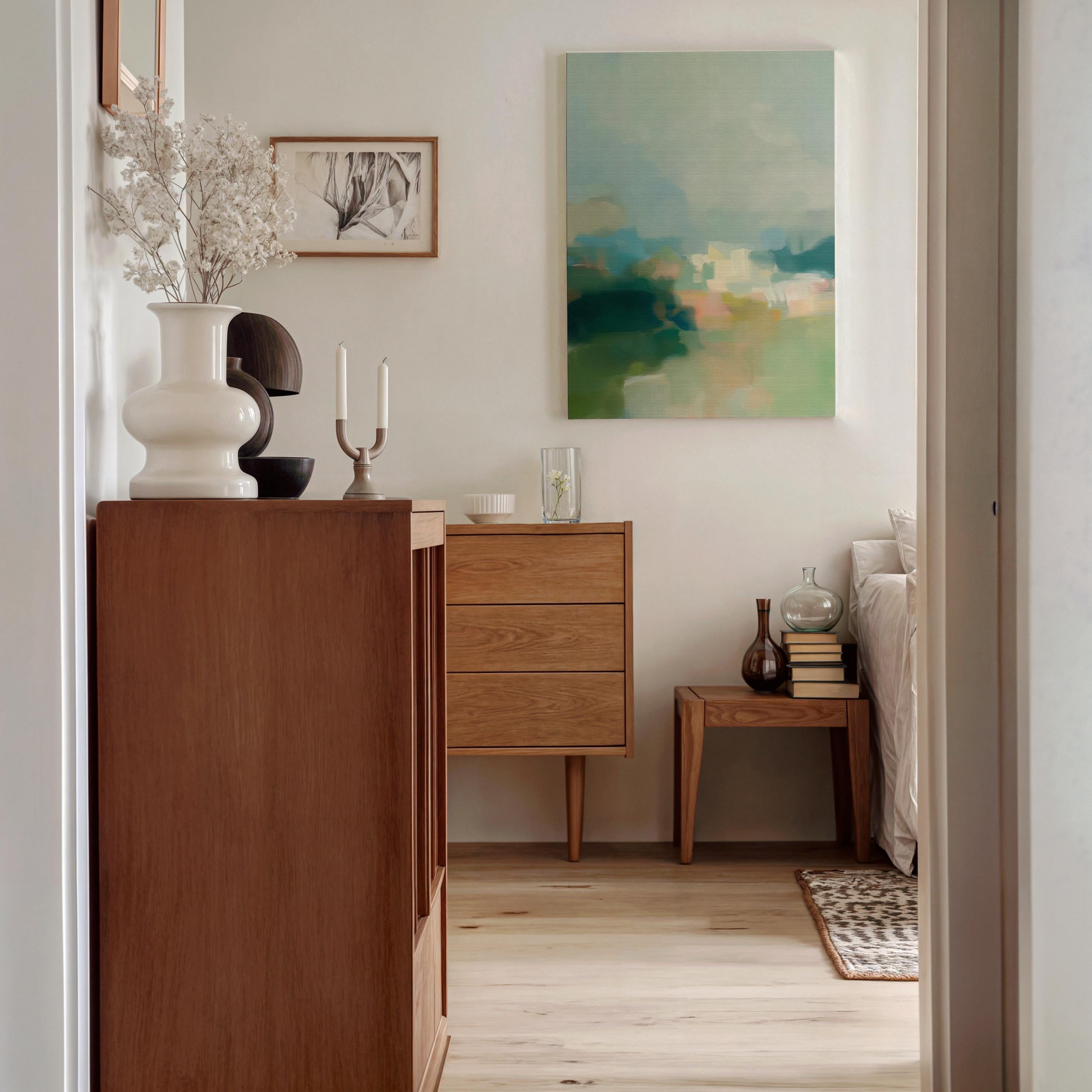 Misty Glade 1045 by Muse Studio vertical abstract landscape wall art inspired by misty woodland clearings, blending sage green, sea glass blue, soft cream, and pale peach light. Printed with museum-grade giclée inks on premium gallery-wrapped artist canvas and available framed in custom wood float frames for serene Organic Transitional interiors.