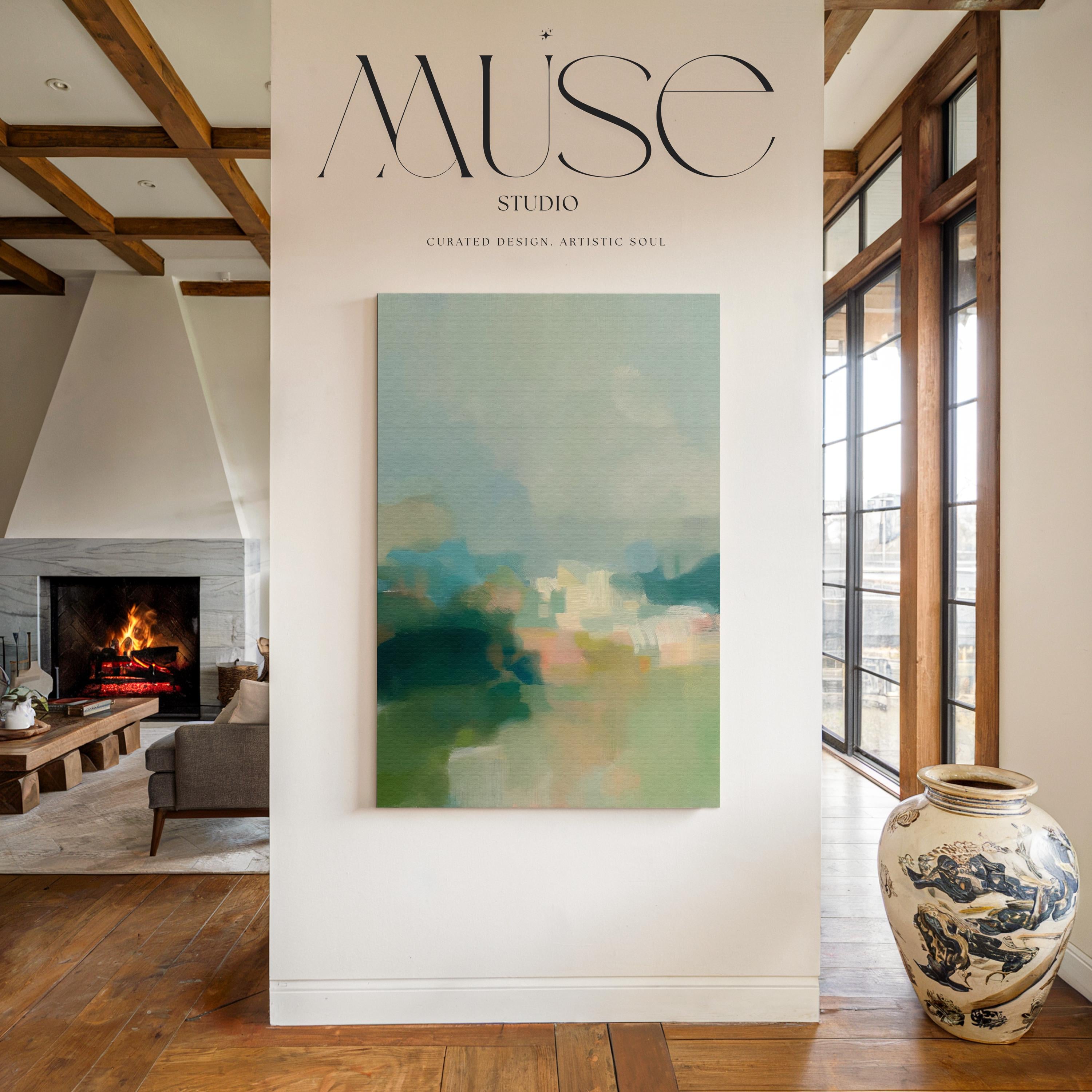 Summer Veil No. 308 by Muse Studio & Co. vertical teal green pastel abstract coastal landscape wall art printed with museum-grade giclée inks on premium gallery-wrapped canvas and framed in natural wood float frame, styled as serene living room wall decor in soft contemporary coastal interiors with custom frame options in natural, white, black, antique gold and antique silver.